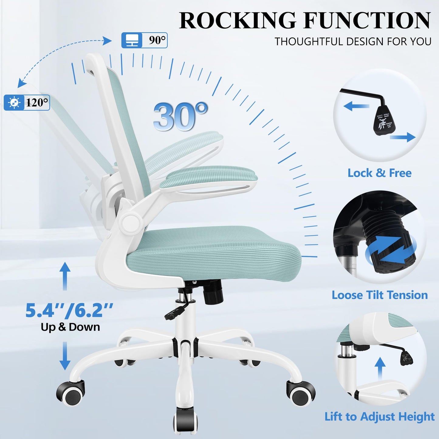 FelixKing Office Chair, Ergonomic Desk Chair Breathable Mesh Chairs Adjustable High Back Lumbar Support Flip-up Armrests, Executive Rolling Swivel Comfy Computer Chairs Home Office Light Blue