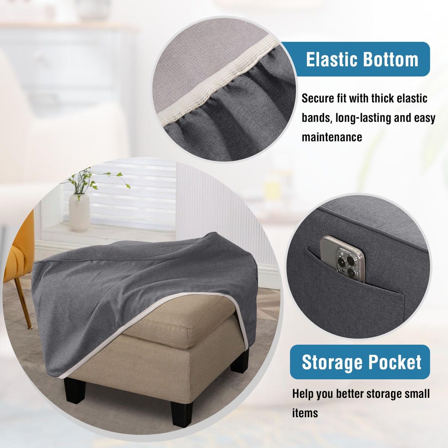 H.VERSAILTEX Ottoman Cover Slipcover Square Fit Length 18"-19" Footrest Sofa Slipcovers Stool Cover Footstool Protector Covers Feature Thick Durable Linen Look Fabric Removable Washable - Heather Grey