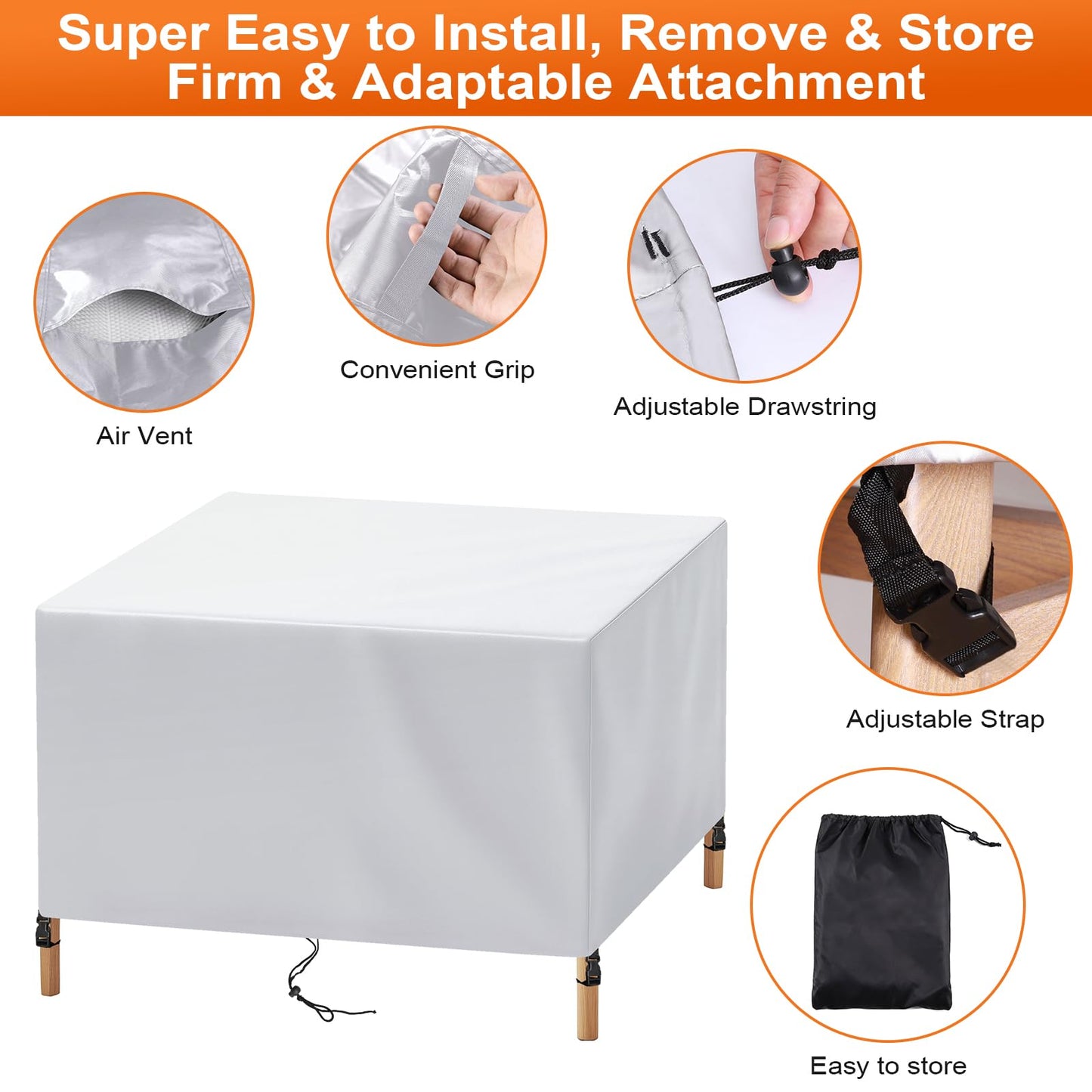 Cisvio Patio Furniture Cover Rectangle 56"(L) x 28"(W) x 28"(H), Custom Heavy Duty 420D Waterproof Outdoor Cover with Drawstring & Buckles for Table Chair Garden, Silver