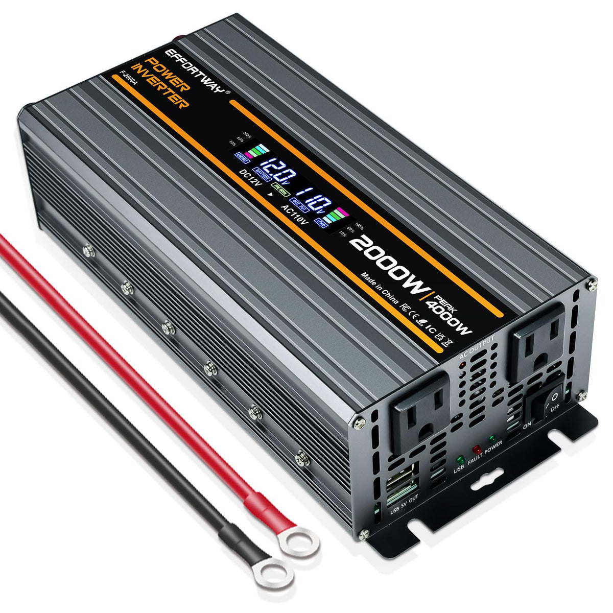 EFFORTWAY 2000W Power Inverter 4000W (Peak). 12V DC to 110V/120V AC Converter with LCD Display, 2 AC outlets, 2 USB, 2000w Inverter for Camping RV Travel Outdoor Truck Off-Grid Solar inverters