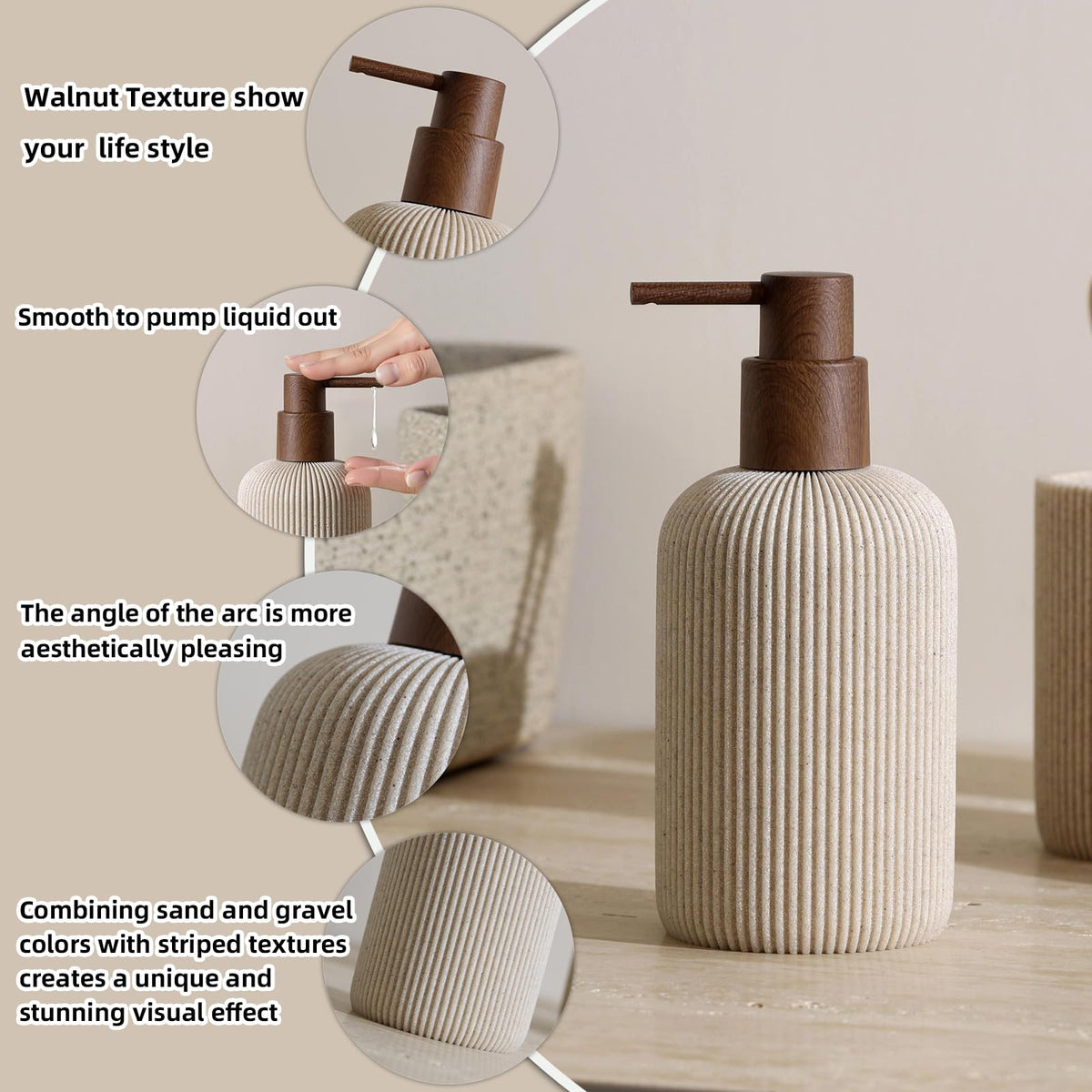 WUUAHOME Bathroom Accessories Set, 5 PCS Sandstone Look Stripe Modern Bath Organizer with Soap Dispenser, Toothbrush Holder, Tumbler, Soap Dish, Candle Holder for Countertop Kitchen Sink (Beige)
