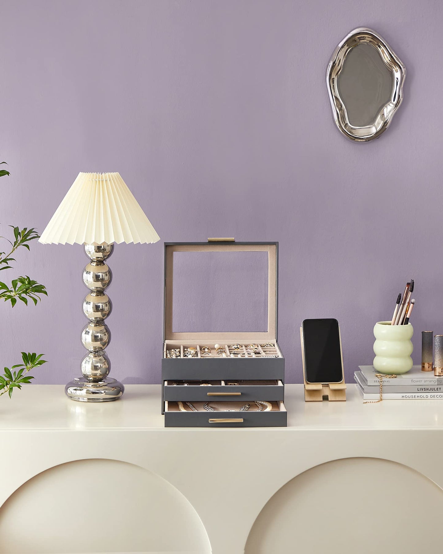 SONGMICS GISELLA Collection - Jewelry Box Organizer, 3-Layer Jewelry Storage with 2 Drawers, Shiny Metal Hardware, Glass Lid, Modern, 8 x 9.1 x 5.3 Inches, Gray and Gold Color UJBC239G02
