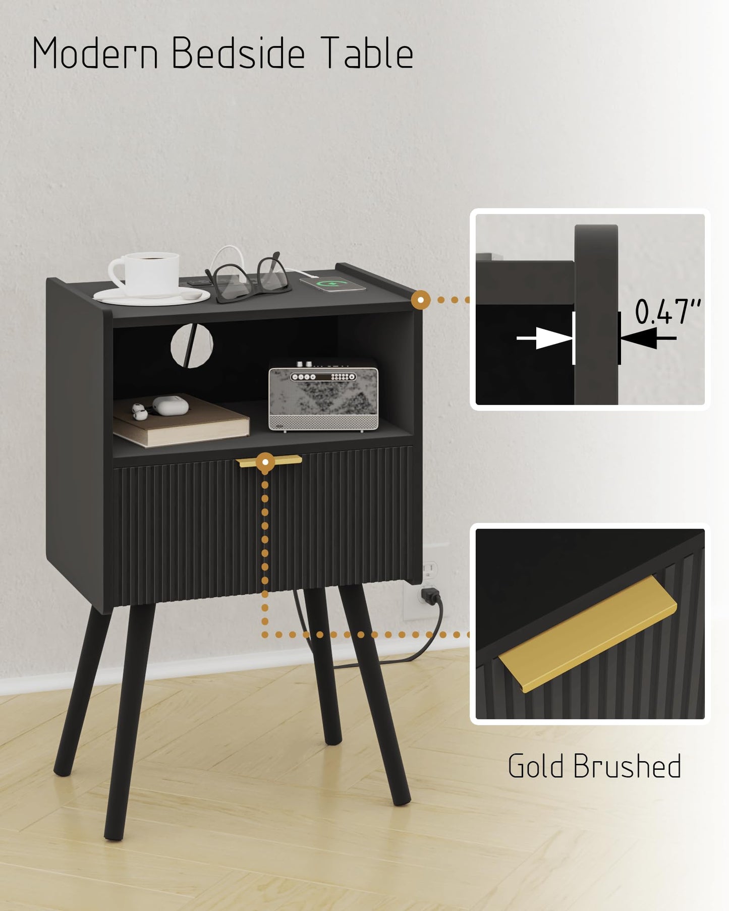 JOONEE Black Nightstand with Outlet,Modern Bedside Table with Storage Drawer and Open Wood Shelf, for Living Room, Bedroom and Small Spaces, Accent Night Stand with Solid Wood Legs, Easy Assembly