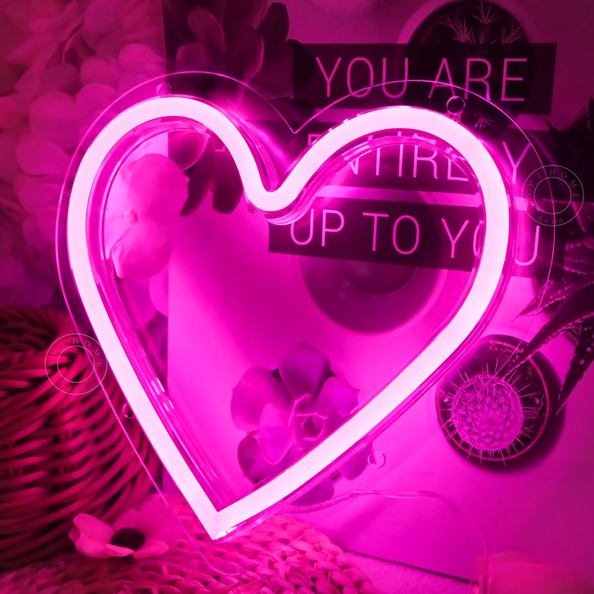 SYLHOME Pink Heart Led Neon Light Sign Battery Operated or USB Powered Bedroom Wedding Wall Sign Decor Valentines Day Birthday Anniversary Sign USB 7.87" X 7.28"