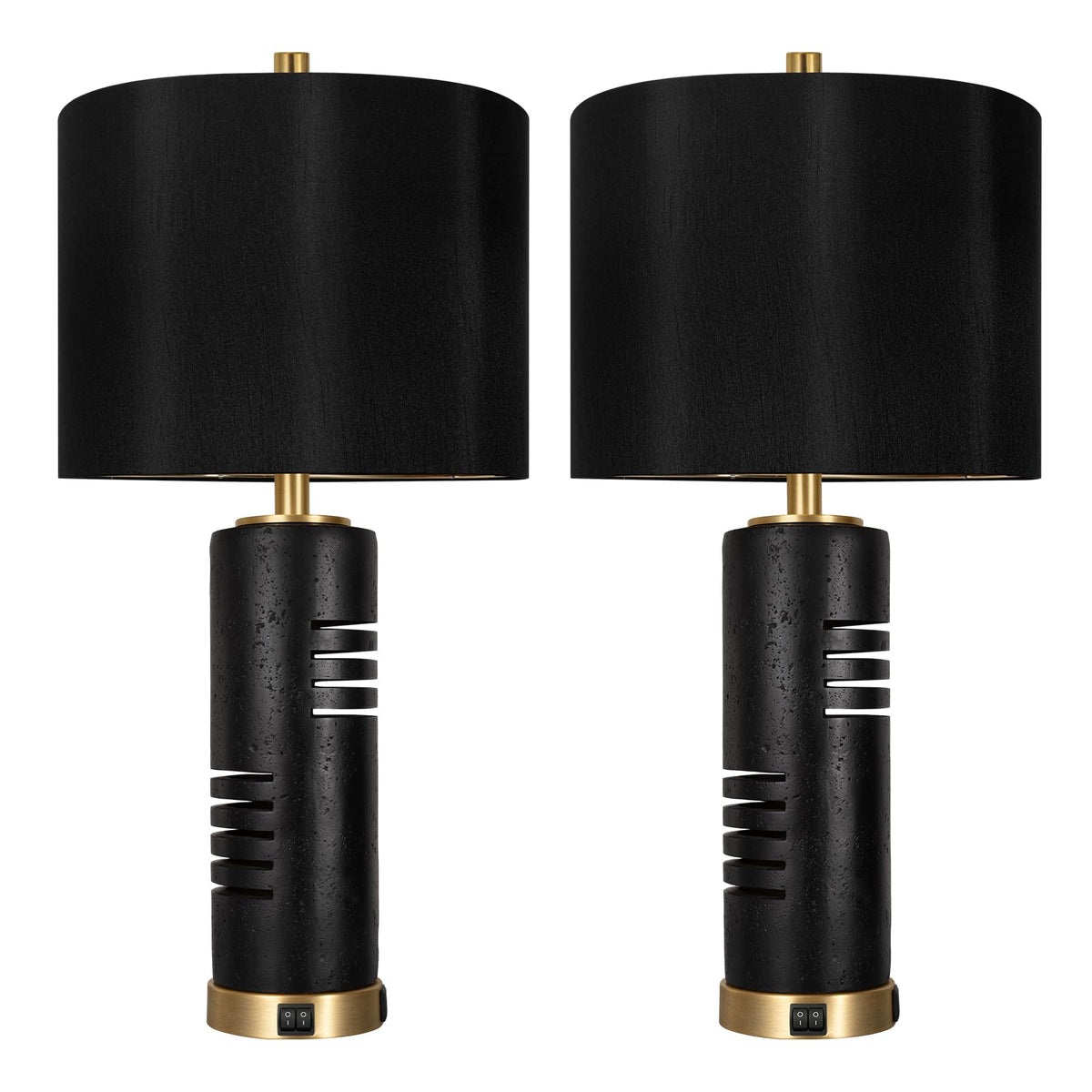 KIVDITZO 27.5" Faux Stone Table Lamps Set of 2, Farmhouse Table Lamps for Living Room with Night Light & USB A+C Ports, Black Lamps with Faux Silk Shade for Bedroom Nightstand Office (Bulb Included)