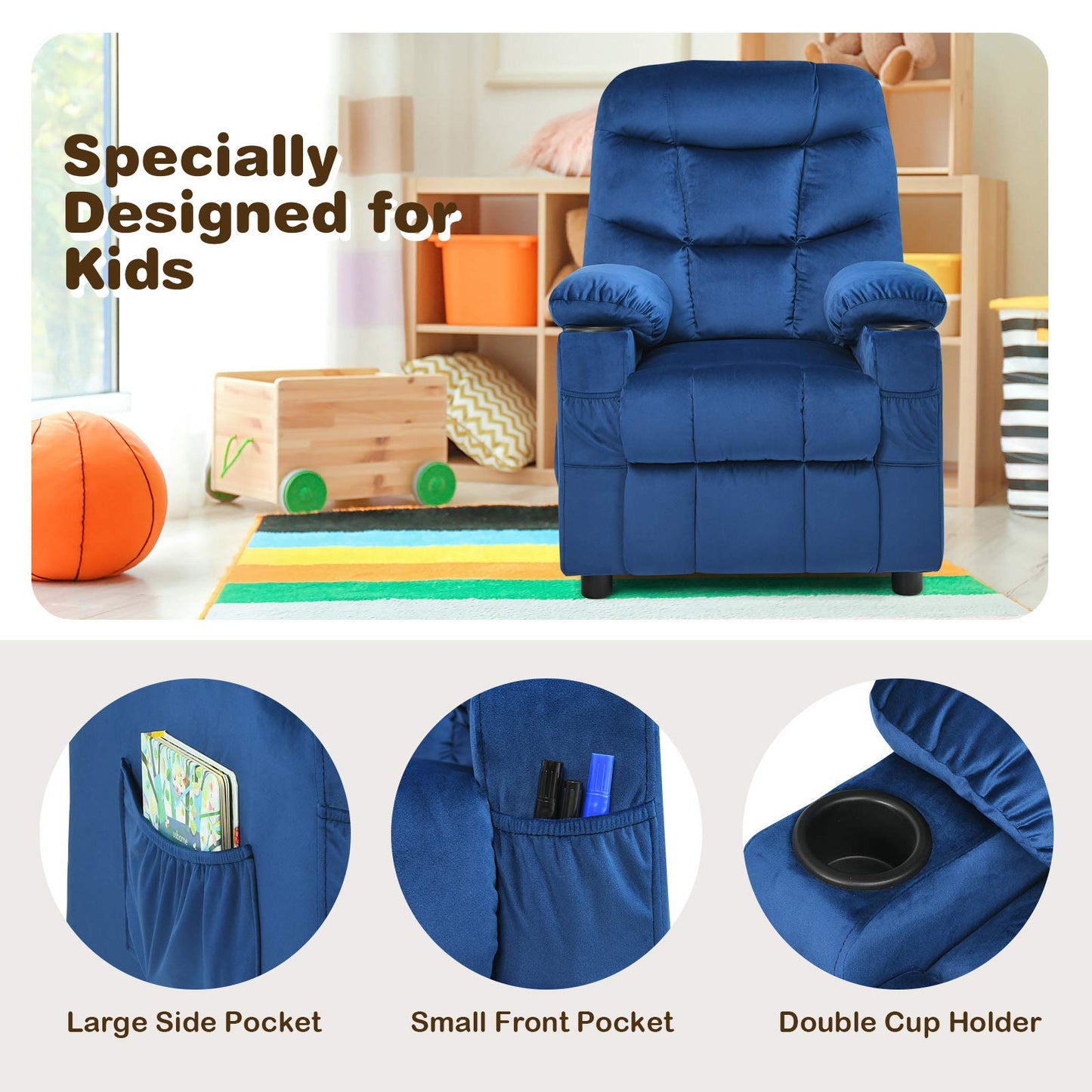 Costzon Kids Recliner Chair with Cup Holder, Adjustable Velvet Lounge Chair w/Footrest & Side Pockets for Children Boys Girls Room, Ergonomic Toddler Furniture Sofa Gifts, Kids Recliner (Blue)