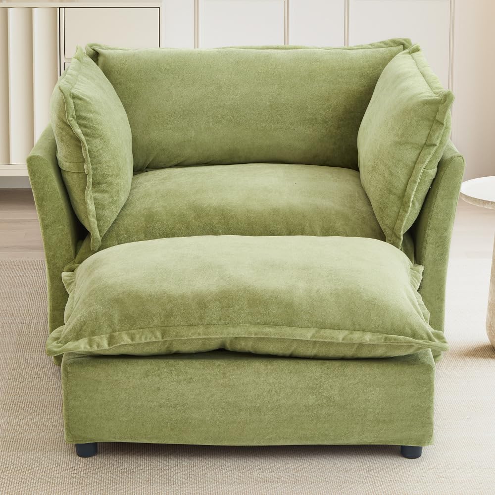 Asmeten Modern Armchair Sofa 47" Cozy Upholstered Sofa Chair with Movable Ottoman, Wide Seat, Curved Armrests and Soft Pillows for Living Room, Bedroom,Green (Green + Chenille + 2 Seat + Foam)