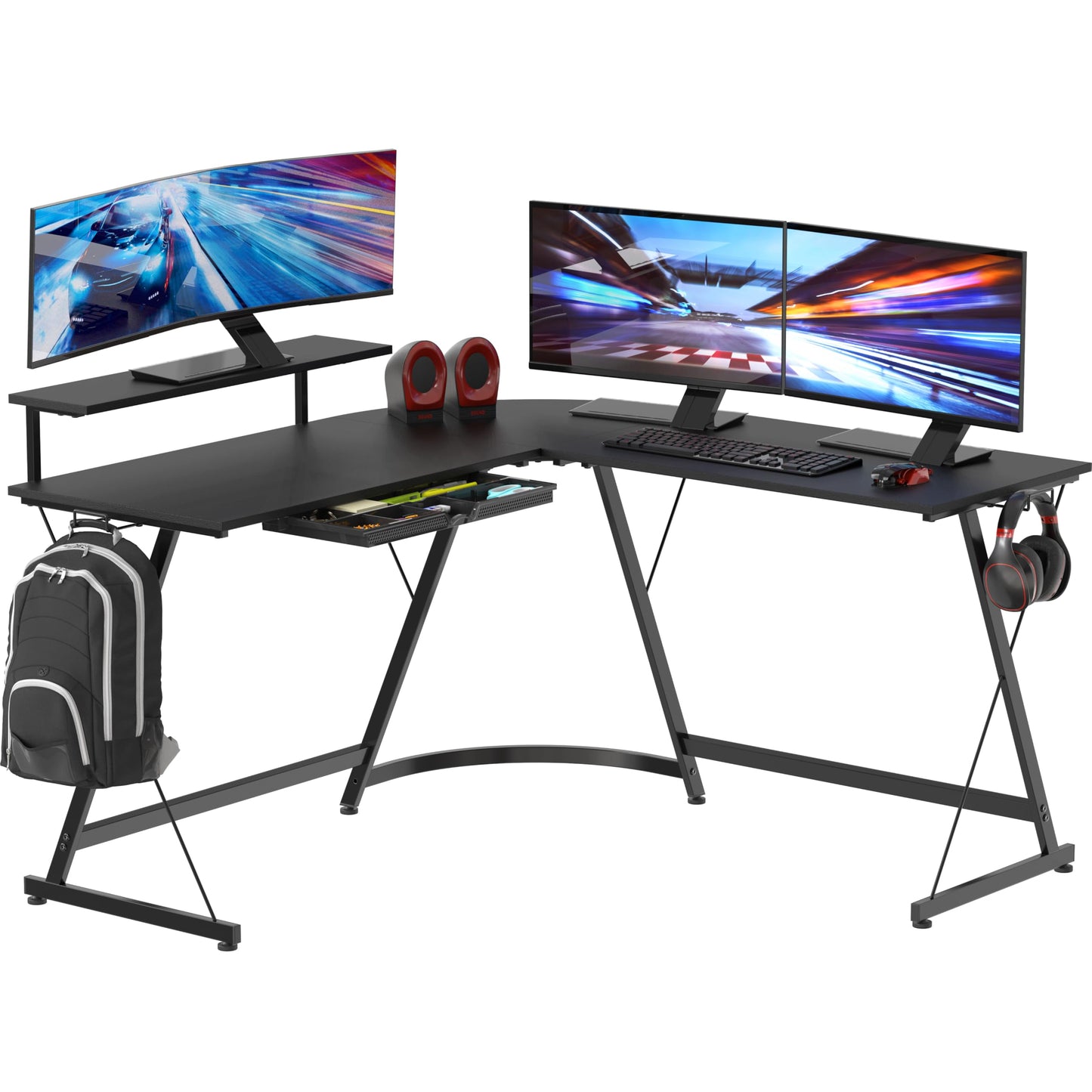 SHW 51 x 51 Inches Vista L-Shaped Desk with Monitor Stand and Drawer, Black