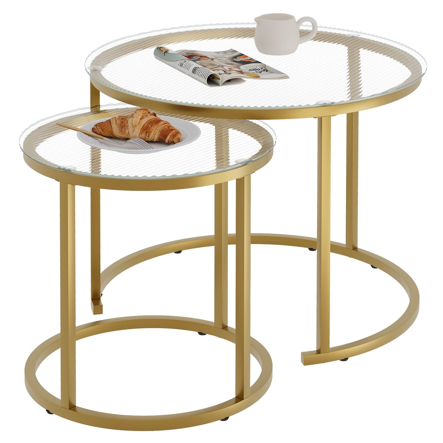 aboxoo Nesting Coffee Table Set of 2, Small Round Glass Nesting Tables for Living Room Bedroom, Accent Tea Table with Gold Metal Frame Modern Industrial Simple