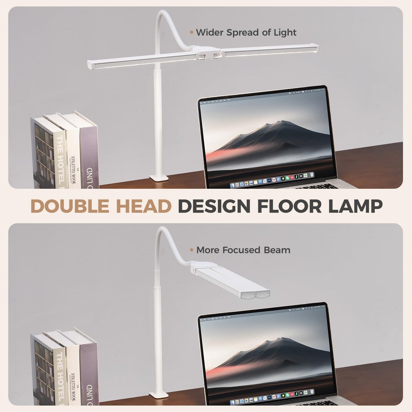 Voncerus LED Desk Lamp for Home Office, Double Head Architect Light with Clamp, Computer Monitor Clip on Light, 3 Modes and 10 Brightness, Adjustable Flexible Goose-Neck, Table Task Lamp, White