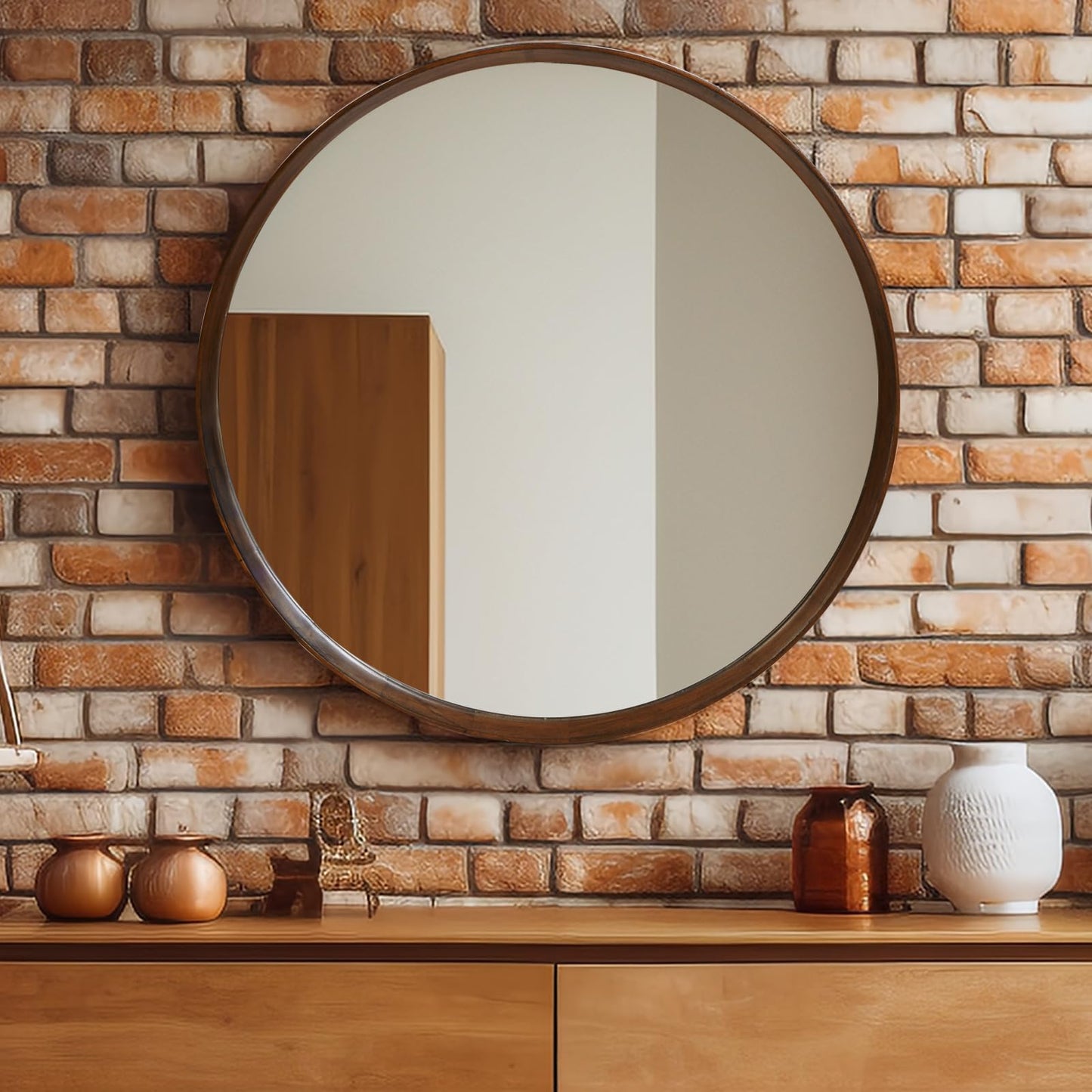 FRUMENSHIP Round Wood Frame Mirror 28 Inch, Brown Wall Circle Mirror for Bathroom, Nursery, and Wall Decor