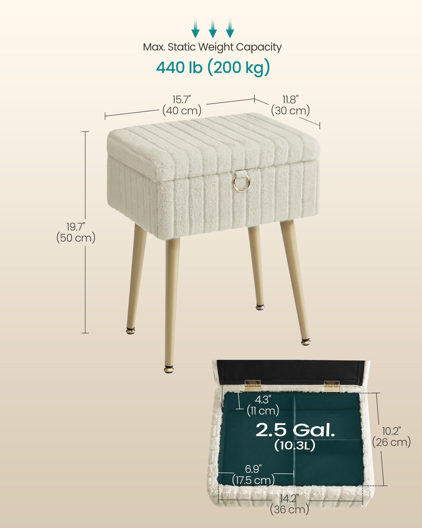 SONGMICS Vanity Stool Chair Faux Fur with Storage, Vanity Bench, Metal Legs, Adjustable Feet, for Living Room, Bedroom, Makeup Room, Cappuccino Beige ULOM505LZ02