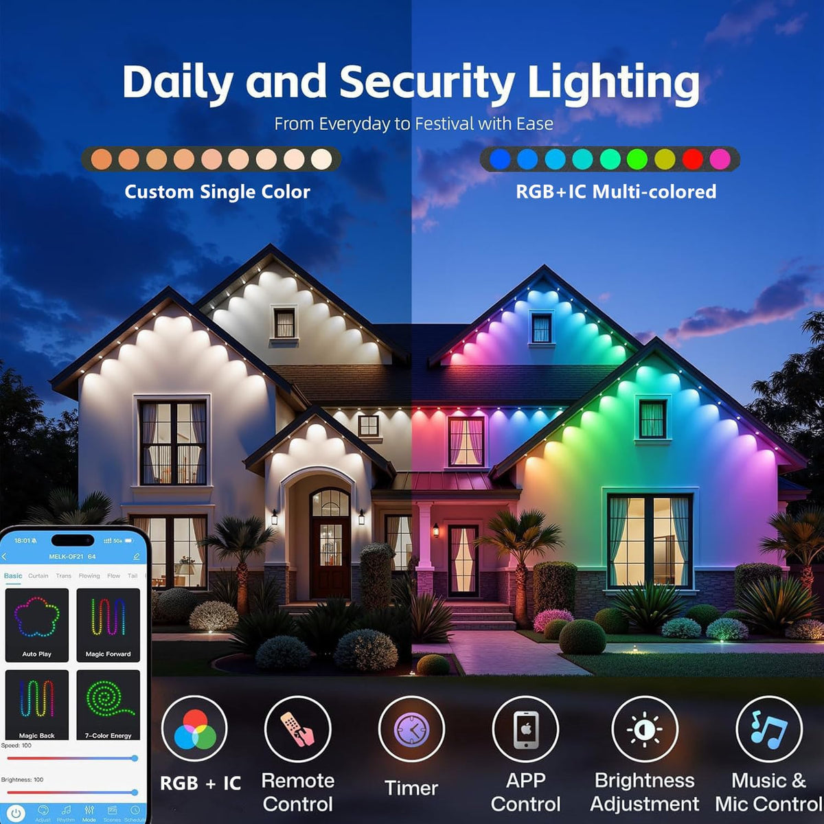 Permanent Outdoor Lights,50ft RGB + IC Smart LED Eaves Lights with App & Remote Control, IP67 Waterproof,for Christmas and All Holiday Decor,Daily and Accent Lighting,House Roof and Garden Lighting