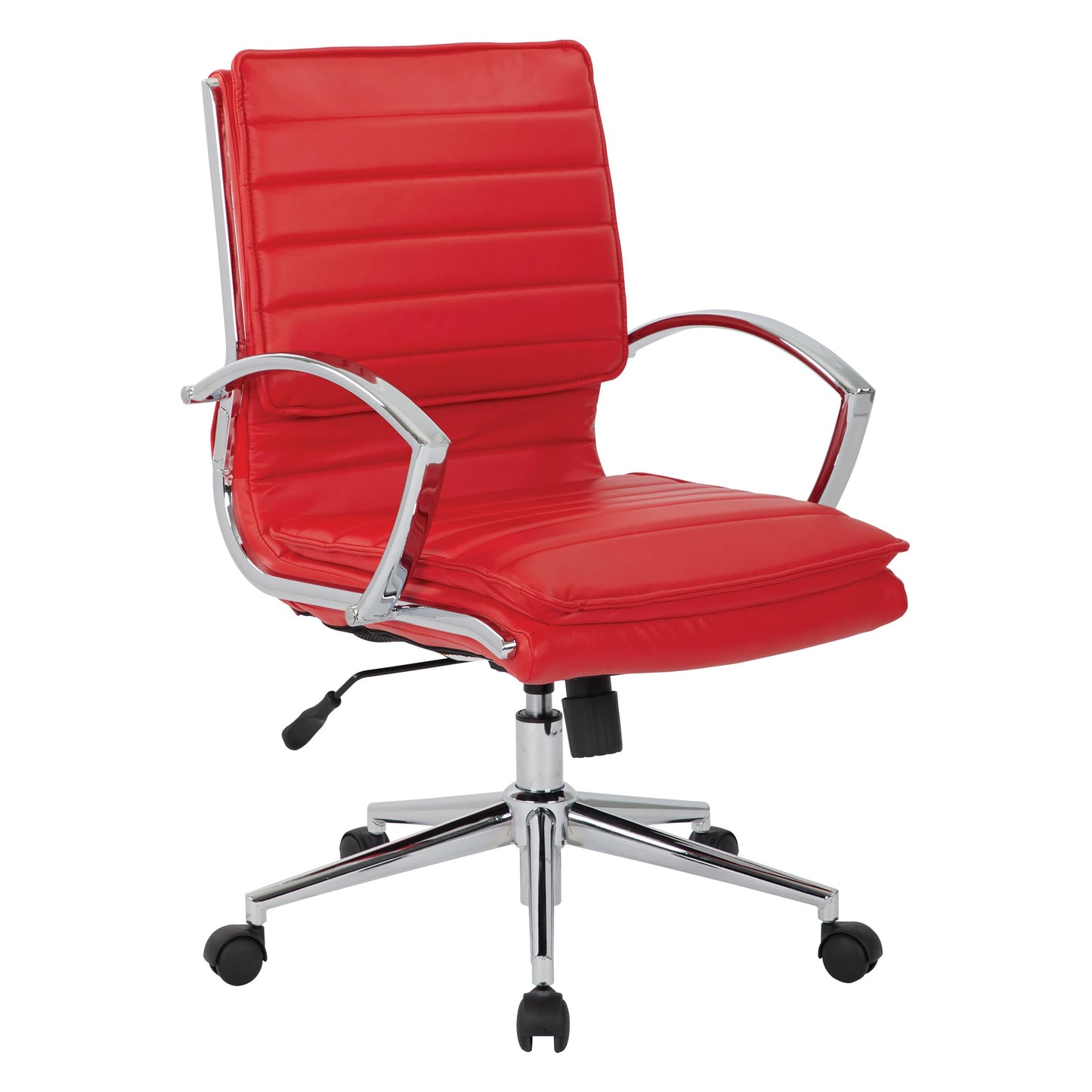 Office Star SPX Professional Ergonomic Ribbed Faux Leather Office Chair with Chrome Base, Mid Back Manager's Chair with Loop Arms, Red