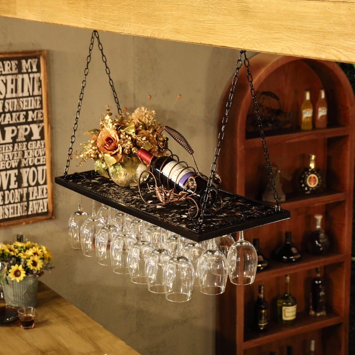 MISTRARA Ceiling Wine Glass Rack, Hanging Wine Rack with Glass Holder and Shelf, Height Adjustable Hanging Wine Bottle Holder, Metal Ceiling Shelf for Bar Cafe Kitchen (Color : Black, Siz