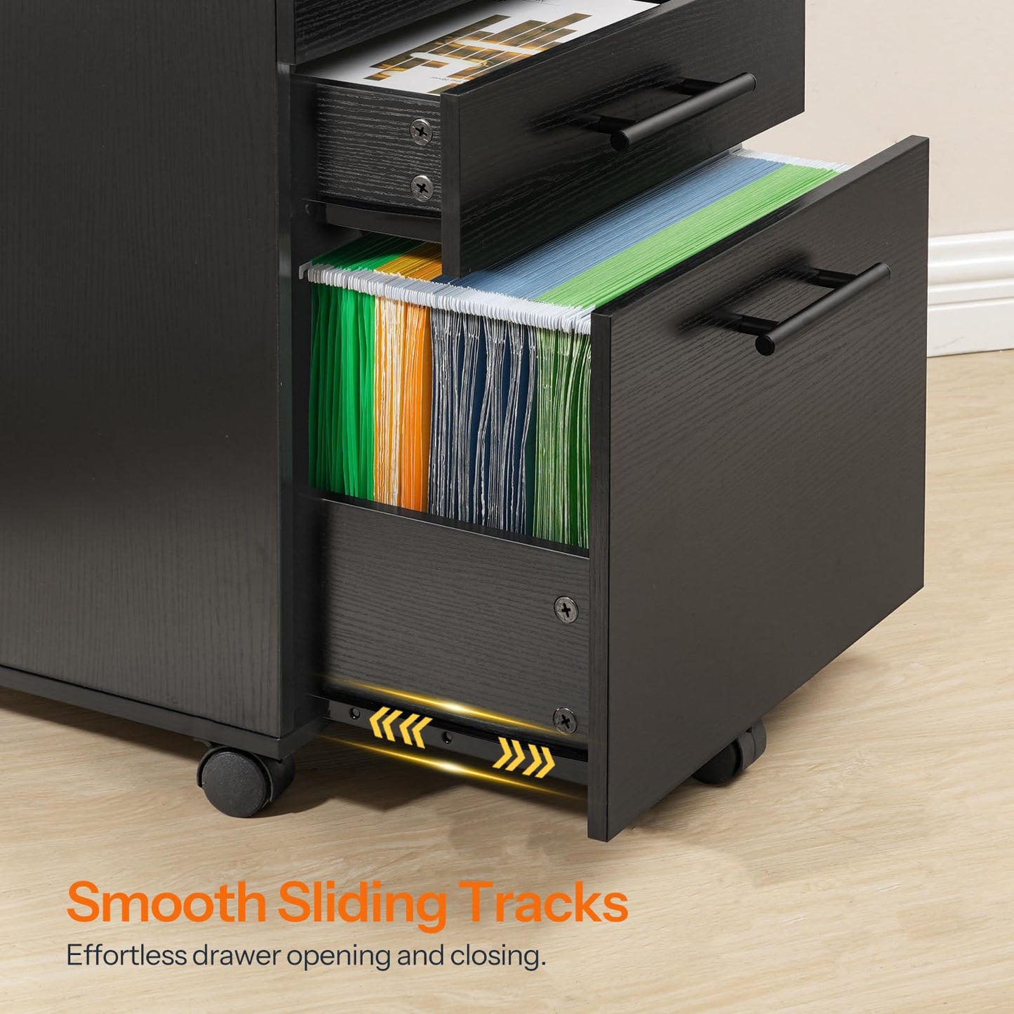 HOOBRO 3-Drawer File Cabinet, Wooden Under Desk Filing Cabinet, fits A4/Letter Size for Home Office, Small Rolling Storage Drawer Chest, Printer Stand with Drawers, Black BK02WJ01G1