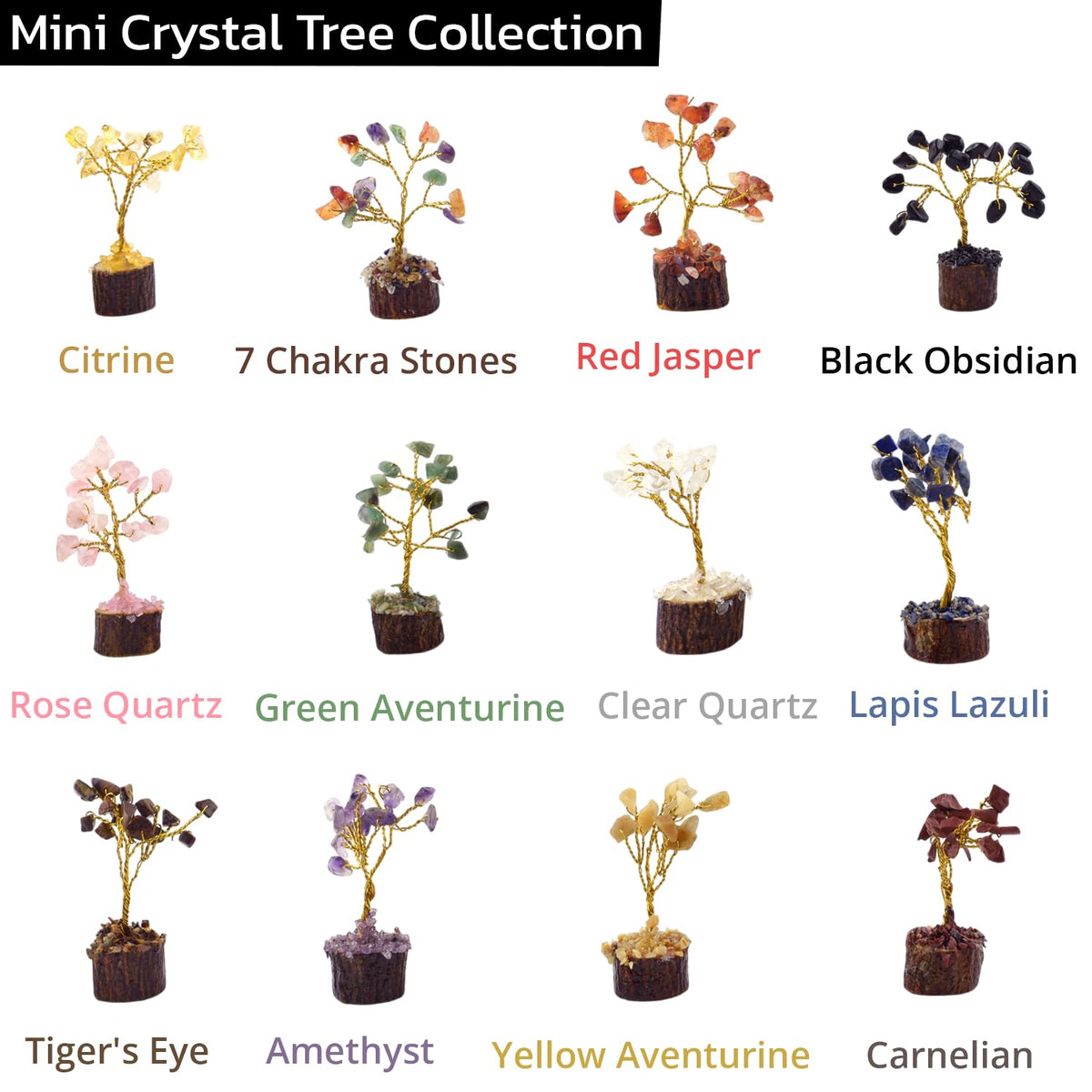 Set of 12 Mini Crystal Tree w/Black Tourmaline Orgonite Pyramid — Handcrafted Tree of Life Healing Crystal — Natural Chakra for Positive Energy, Home & Office Desk Decor, Birthday Gifts for Mom & Dad