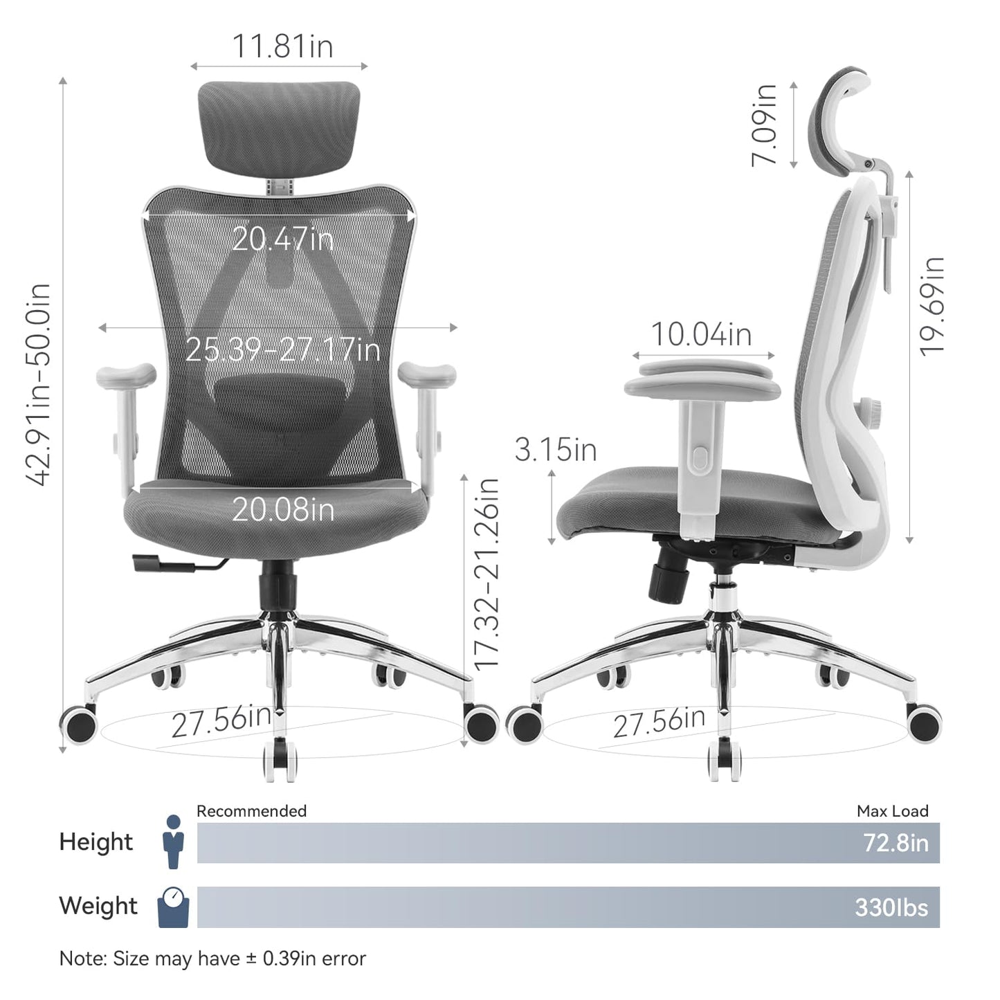 SIHOO M18 Ergonomic Office Chair, Computer Desk Chair with Adjustable Headrest and Lumbar Support, High Back Executive Swivel Chair for Home Office (Dark Gray)
