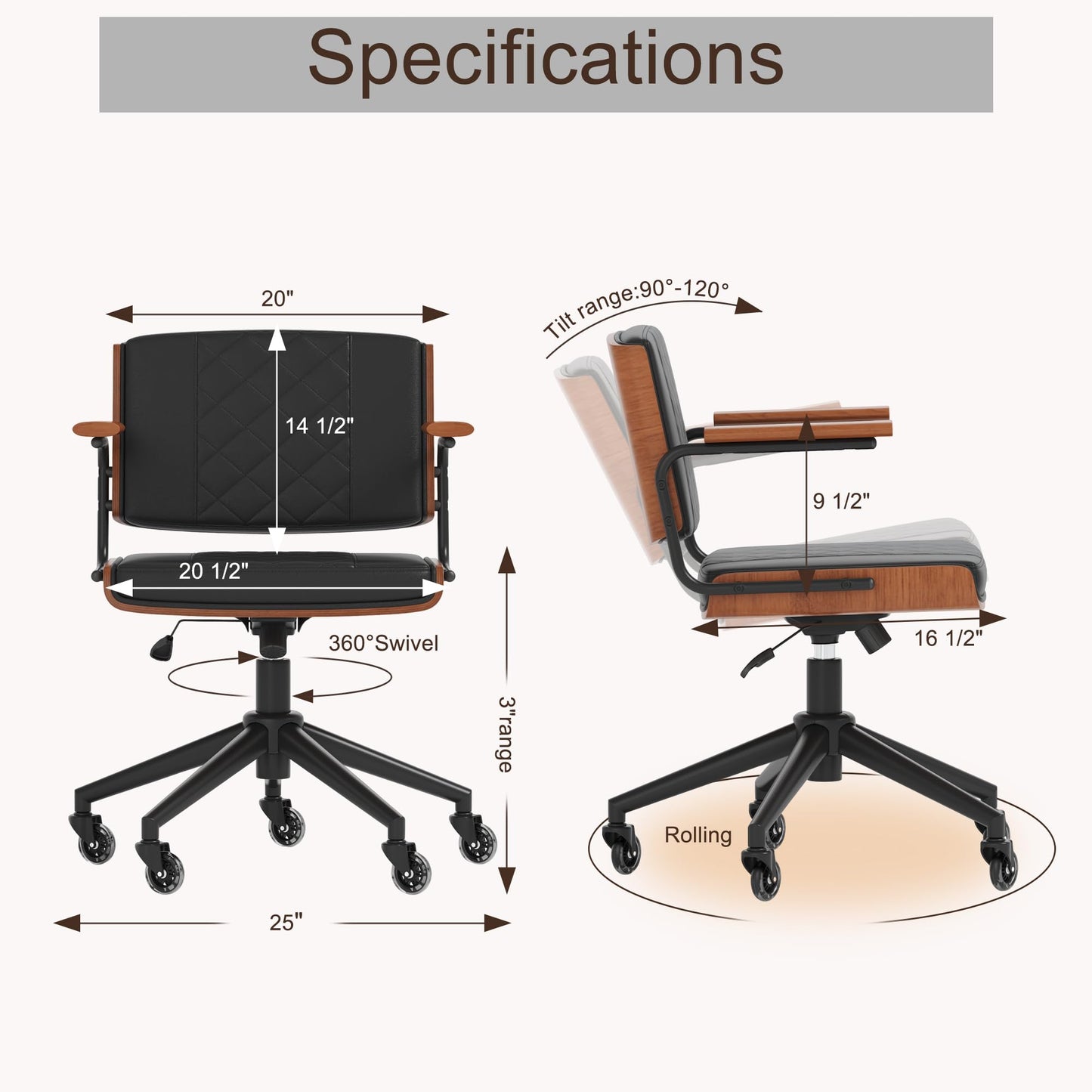 CoVibrant Ergonomic Office Chair with Rubber Wheels & Walnut Arms - PU Leather Mid-Back Desk Chair, Adjustable Height, Bentwood Backrest | Swivel Rocking Design for Home Office, Meeting Room, Study