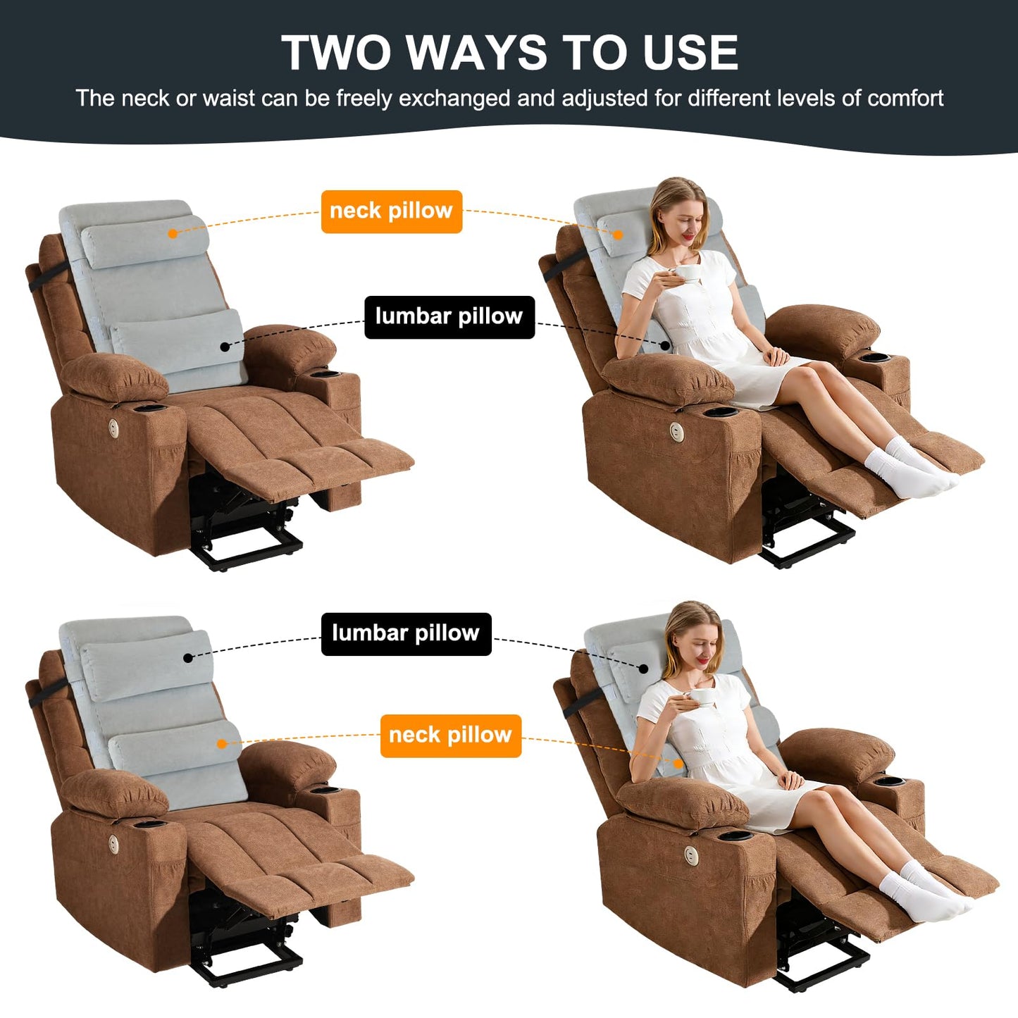 BYTLK 2-in-1 Neck & Lumbar Support Pillow with Adjustable Height and Ergonomic backrest Design, Suitable for recliners, Sofas, high-Back Rocking Chairs, Relieve Back Pressure.
