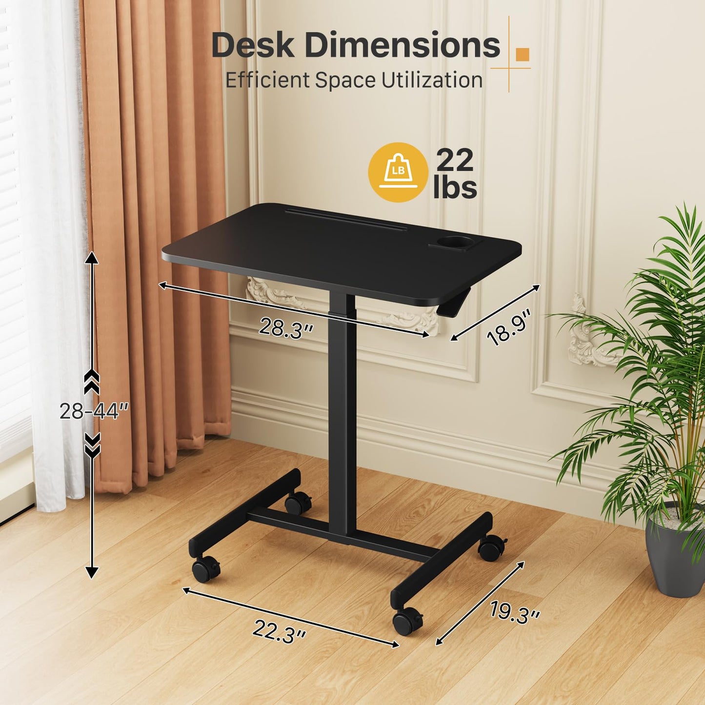 Liftsync Mobile Standing Desk, Rolling Laptop Cart Adjustable Height with Cup Holder, 28 inch Portable Table with 4 Lockable Wheels, Black Computer Workstation with Hook and Slots for Home Office