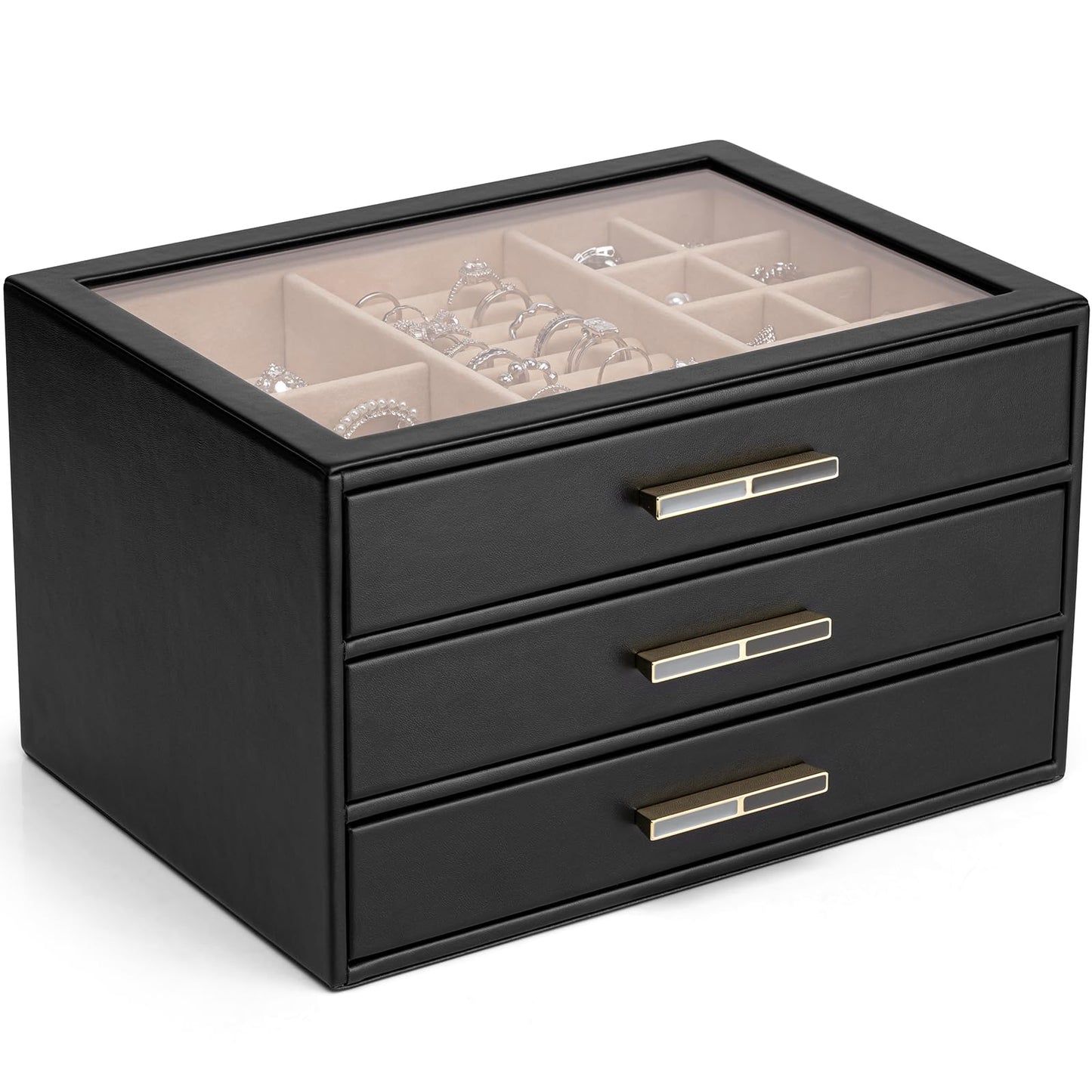 VLANDO Jewelry Box for Women, Glass Lid Jewelry Organizer with 3 Drawers for Necklaces Rings Earrings Bracelets - Black