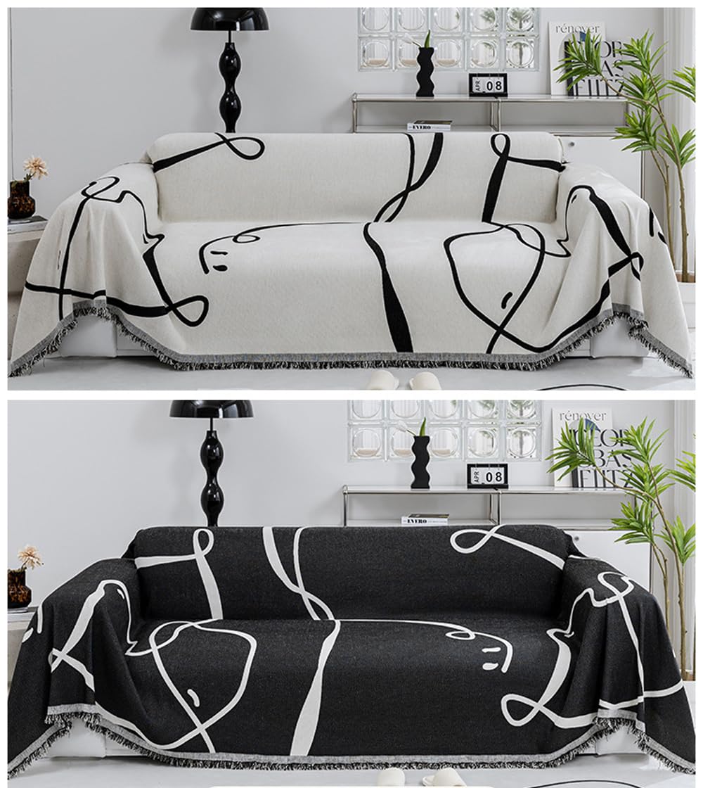 ERICSF Black and White Double-Sided can Cover Chenille Sofa Towel Full Covers Cloth Four Seasons Universal Models Straight Row a Piece of Non-Slip Sets Cover (71 * 71 inch)