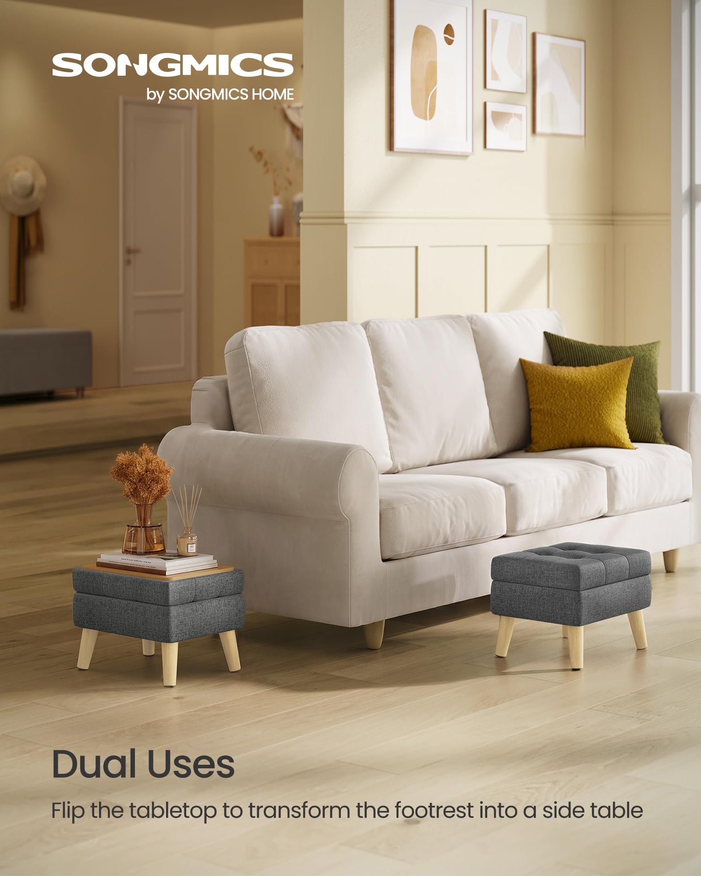 SONGMICS Storage Ottoman, Foot Stool, Ottoman with Padded Seat, Foot Rest with Wood Legs, Small Table, for Hallway, Living Room, 11.8 x 15.7 x 11.4 Inches, Linen-Look Fabric, Slate Gray ULOM517GN01