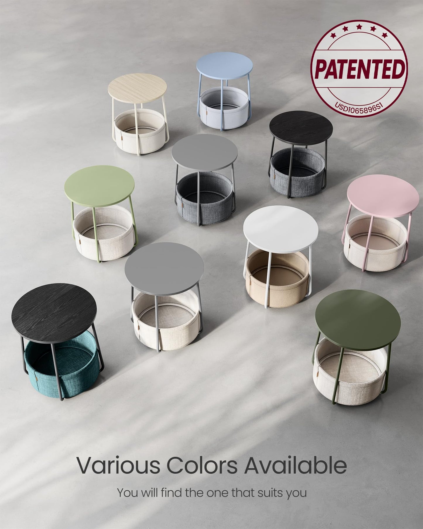 VASAGLE LILEA Collection - Small Round Side End Table, Modern Nightstand with Fabric Basket, Ebony Black and Slate Gray ULET223B01