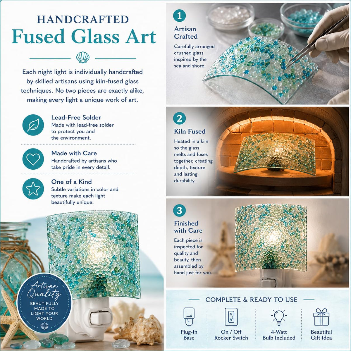 J Devlin Aqua Crushed Glass Night Light, Coastal Decor