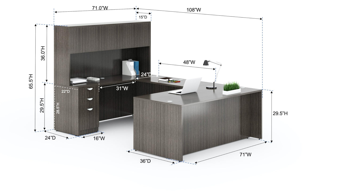Boss Office Products 71 Inch Executive U-Shape Desk with File Storage Pedestal and 4 Door Hutch, Driftwood