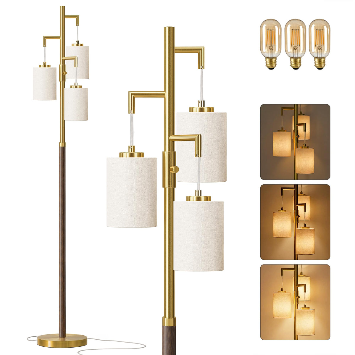 G-SAFAVA 70" Dimmable Floor Lamp Wood Floor Lamps for Living Room Bedroom Mid Century Modern Floor Lamp Gold Standing Lamp Tall Lamps for Office Nursery Reading Elegant Stand Up Lamp, 3 Bulbs Included