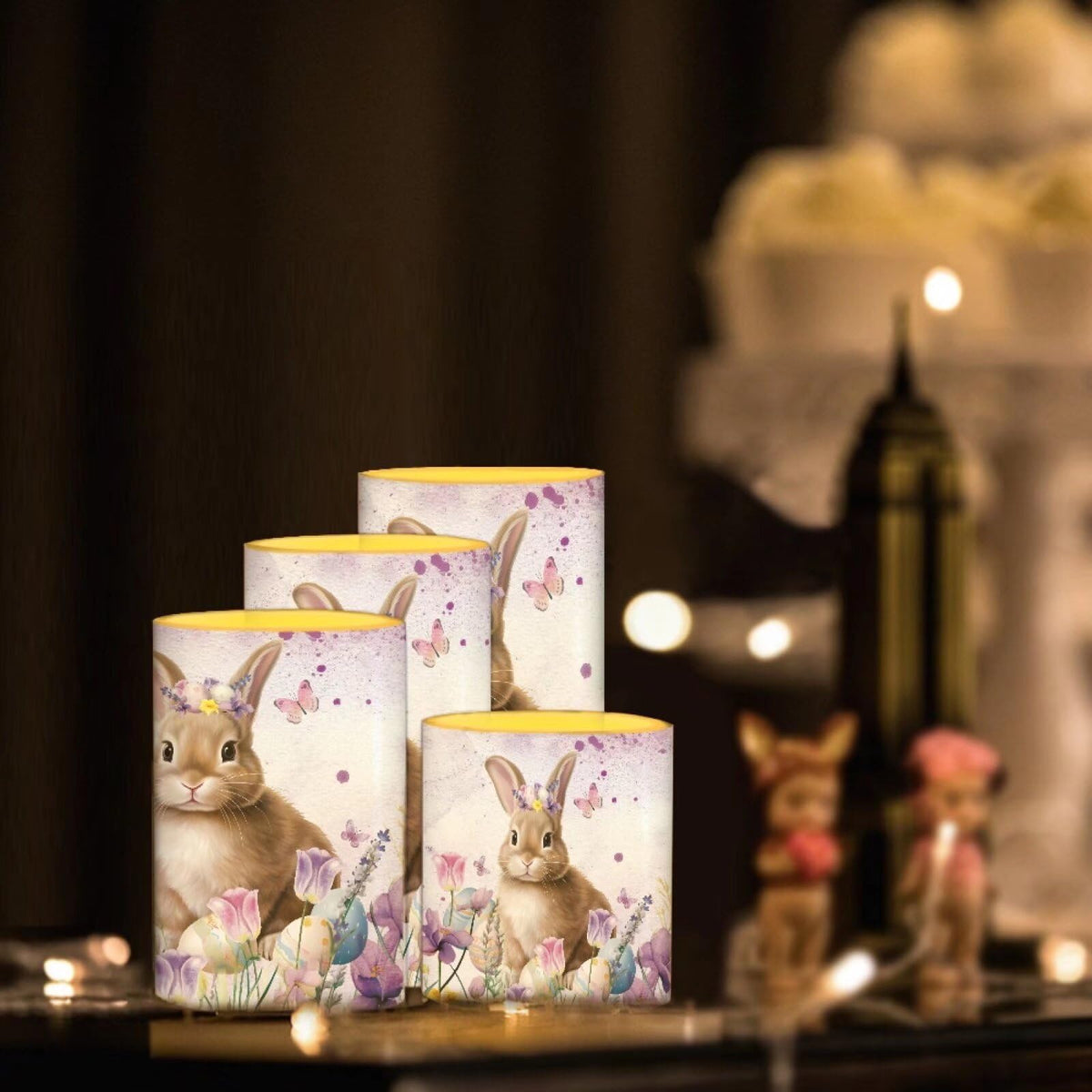 NETILGEN Easter Holiday Decor Flameless Flickering Candles with Remote, Timer Battery Operated LED Pillar Candles 4 Pcs Party Decor Candles Floral Easter Bunny Print