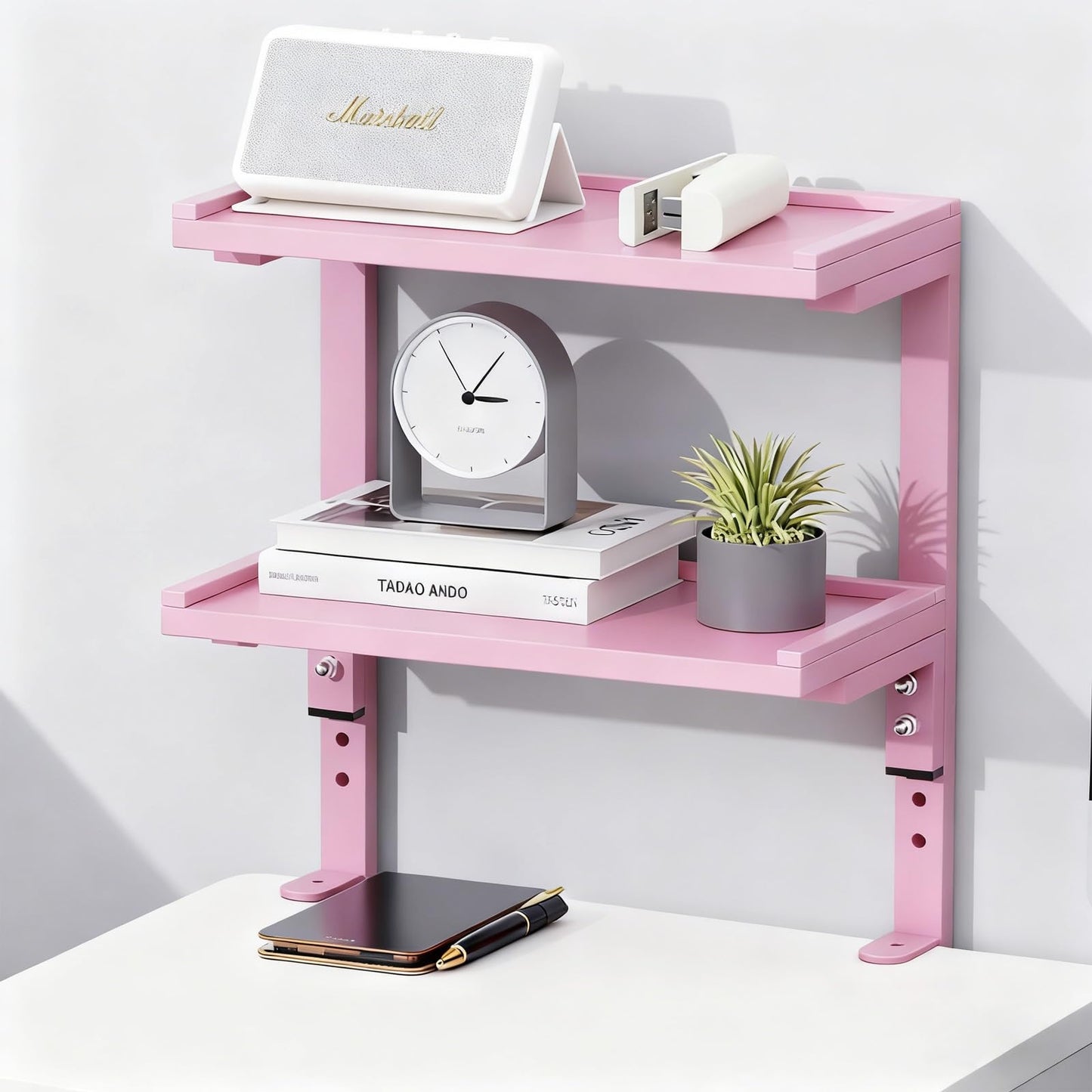 OUTIOE 2-Tier Desk Shelf, Expandable Under Desk Storage, Clamp on Desk Shelf, Desktop Accessories for Offices, Study Rooms, and Game Rooms (Pink)