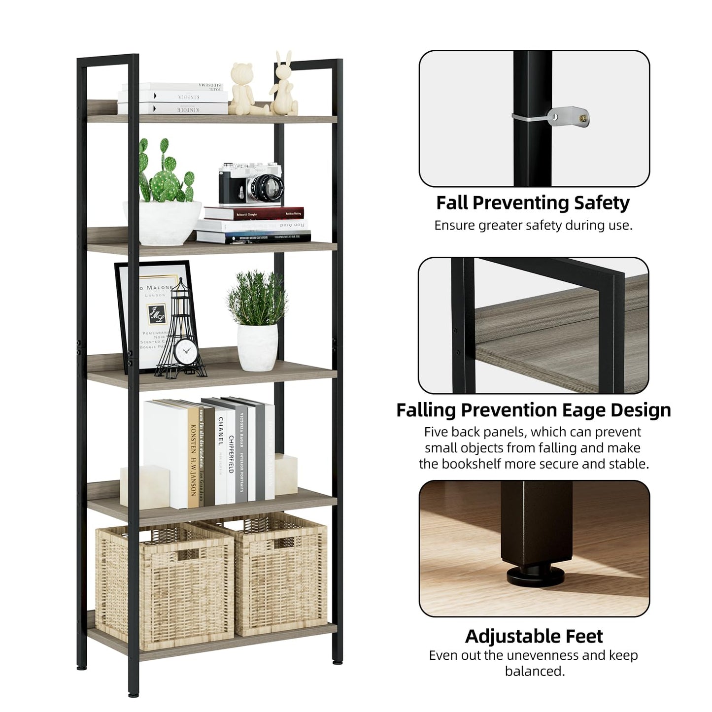 NUMENN Bookshelf, 5 Tier Bookshelves, Home Office Bookcase Shelf Storage Organizer, Free Standing Storage Shelving Unit for Bedroom, Living Room and Home Office, Grey