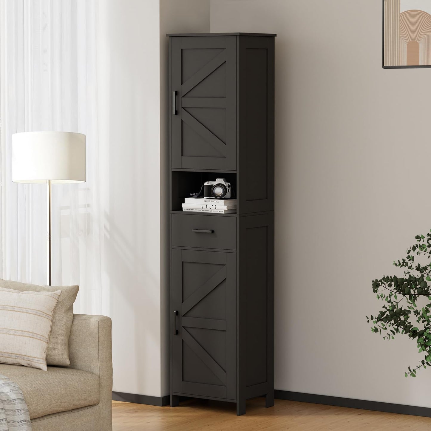 Homhedy 67" H Tall Bathroom Storage Cabinet with 2 Barn Doors and 1 Drawer, Narrow Storage Unit, Adjustable Shelves, Floor Cabinet for Bathroom, Living Room, Entryway, Kitchen, Black, (15.7" W)