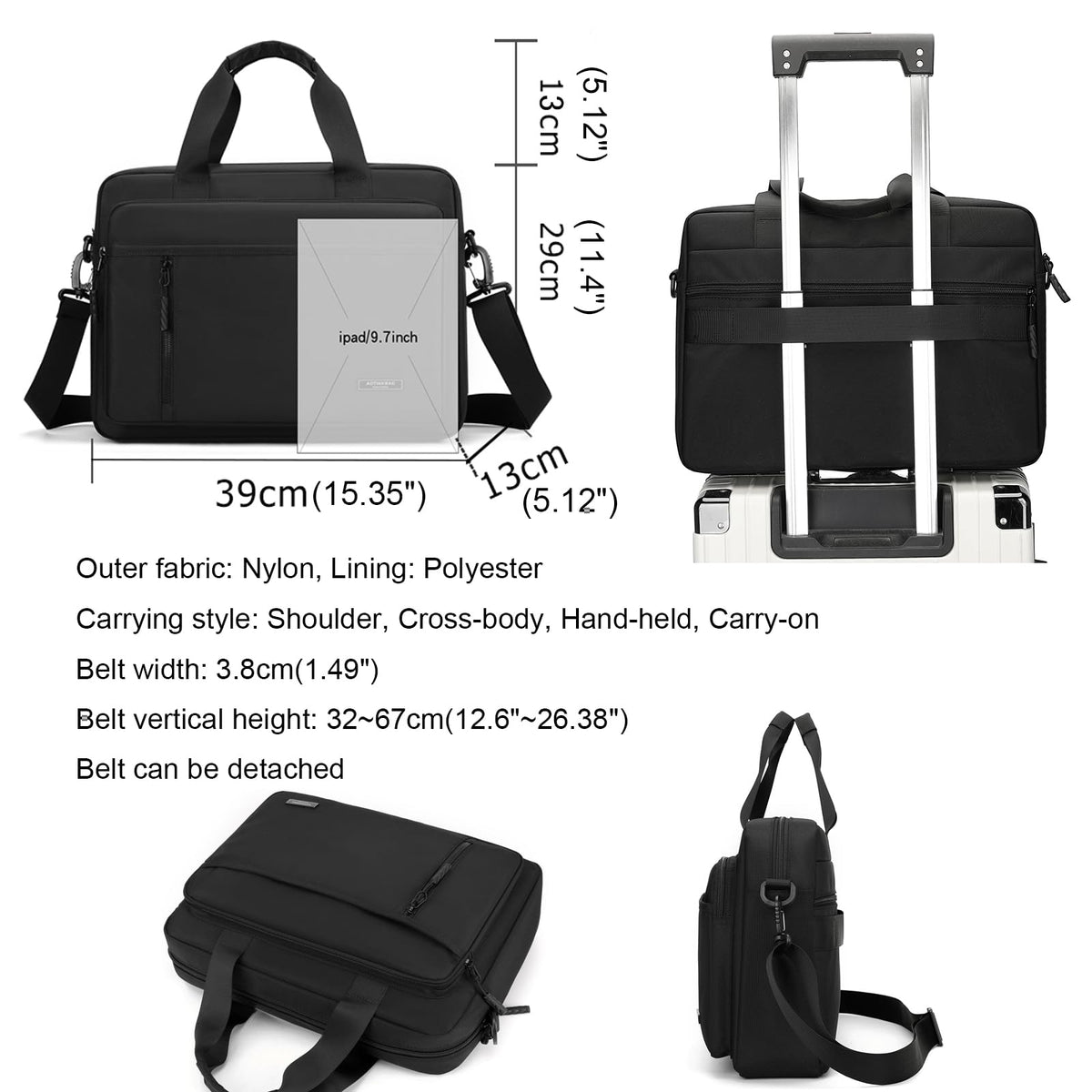 natyrlpog Laptop Bag 14 Inch Briefcase for Men Women Waterproof Nylon Lightweight, Shoulder Messenger Handbag for Business Office Work Travel College Black
