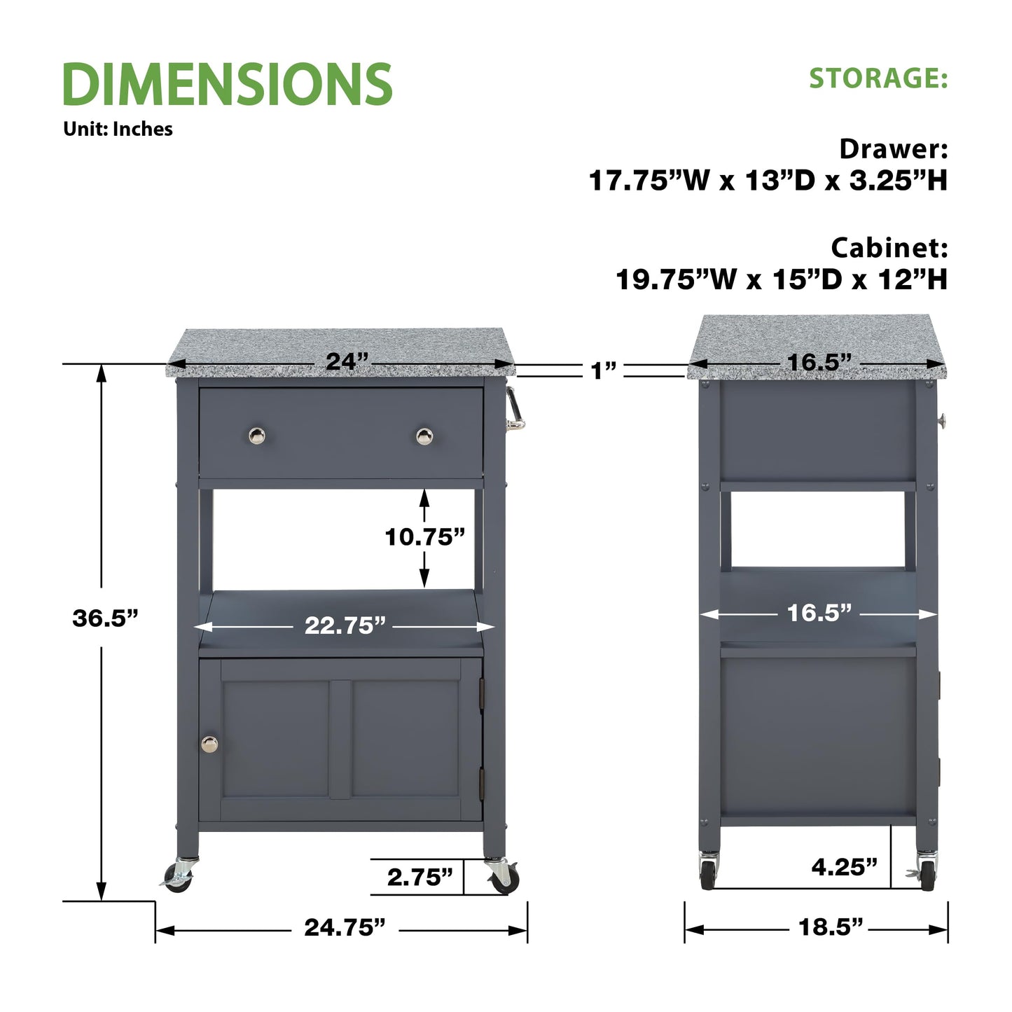 OSP Home Furnishings Fairfax Farmhouse Kitchen Cart with Granite Top, Rolling Storage Cabinet with Towel Rack, Shelf and Drawer, Grey Finish