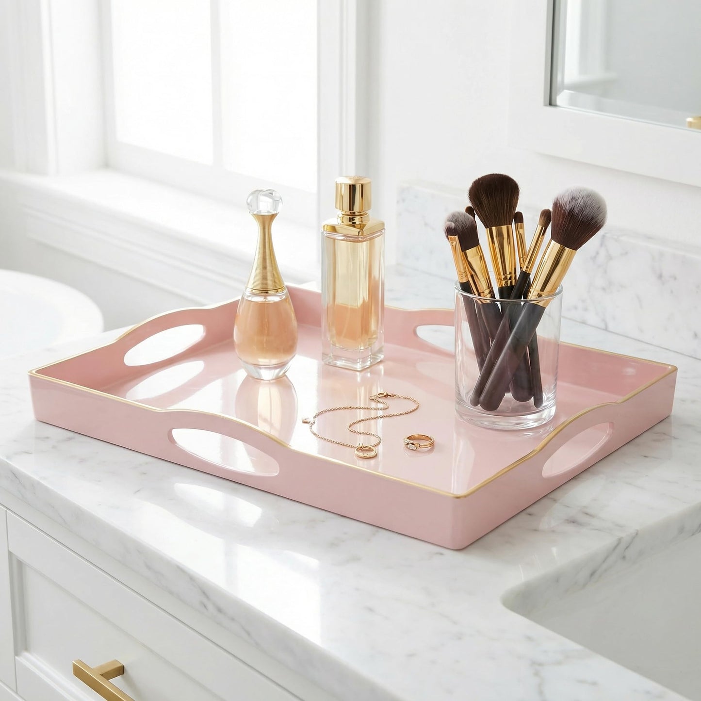 Umisriro Pink Serving Tray with 4 Handles, Plastic Decorative Tray for Coffee Table, Ottoman - Ideal for Living Room & Bathroom. 15” x 11” x 1.9”