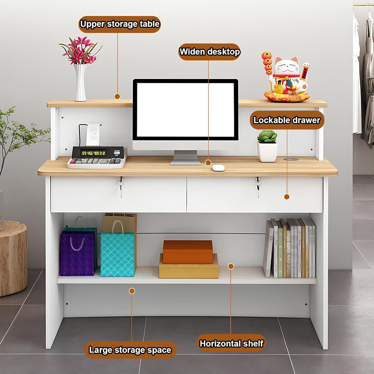 ZLyXZQG Modern Salon Check Out Retail Checkout Counter Standing Reception Room Tables Front for Small Spaces with Drawer Receptionist Desk for Office Hotel Flower Clothing Store(White,Small)