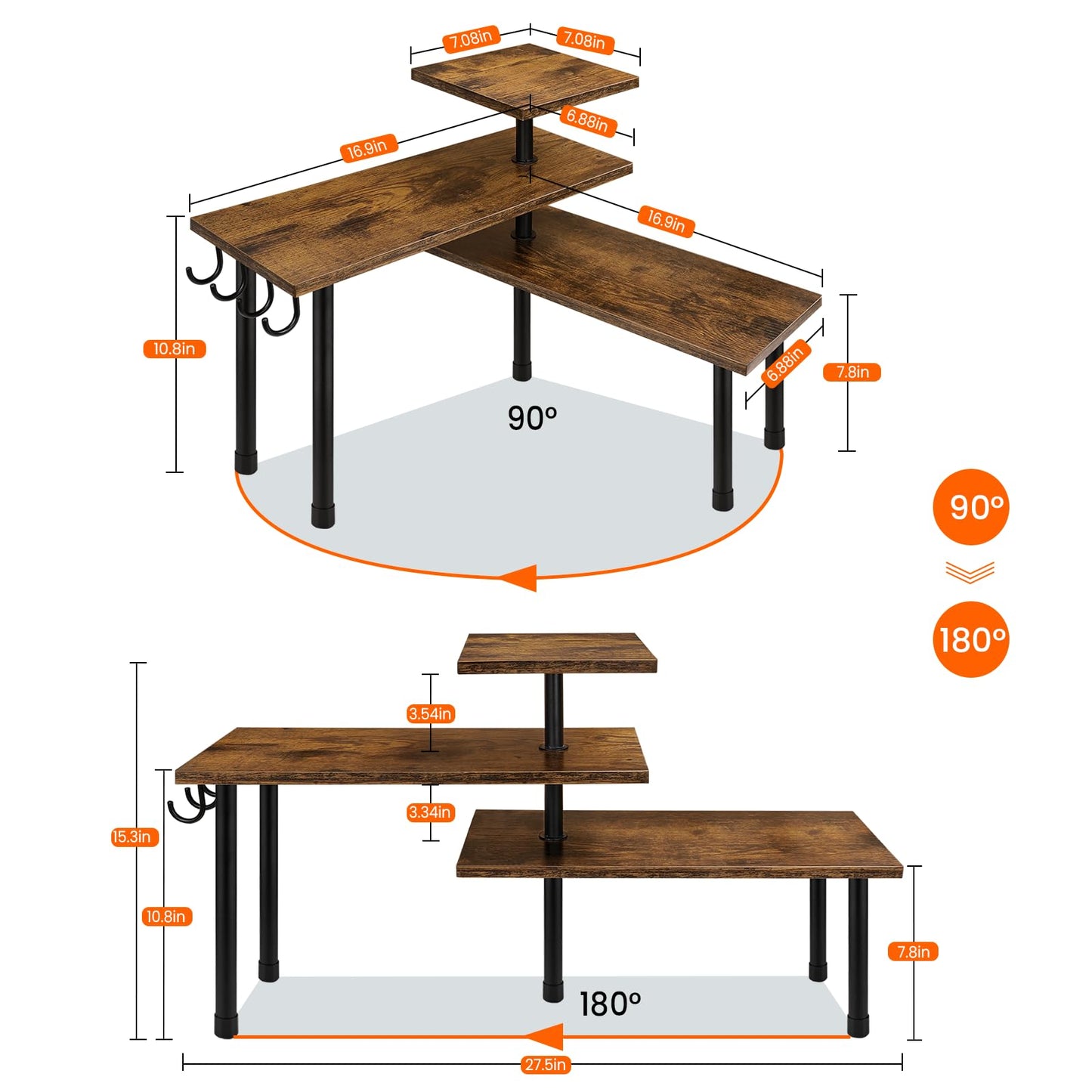 Homode Kitchen Countertop Organizer - 3 Tier Corner Shelf, Bathroom Counter Organizer, Spice Rack, Coffee Bar, Over Sink, Rustic Brown