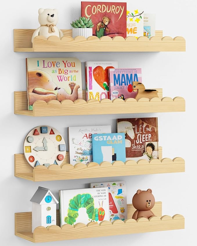 Harwaya Scalloped Nursery Bookshelf Wall Mounted 4-Pack, Natural Wood Floating