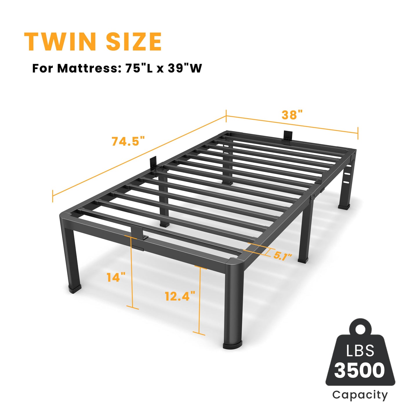 14 Inch Twin Bed Frame, Metal Platform Bed Frame with Round Corner Legs, 3500 lbs Heavy Duty Steel Slats Support, No Box Spring Needed, Noise Free, Easy Assembly, Black