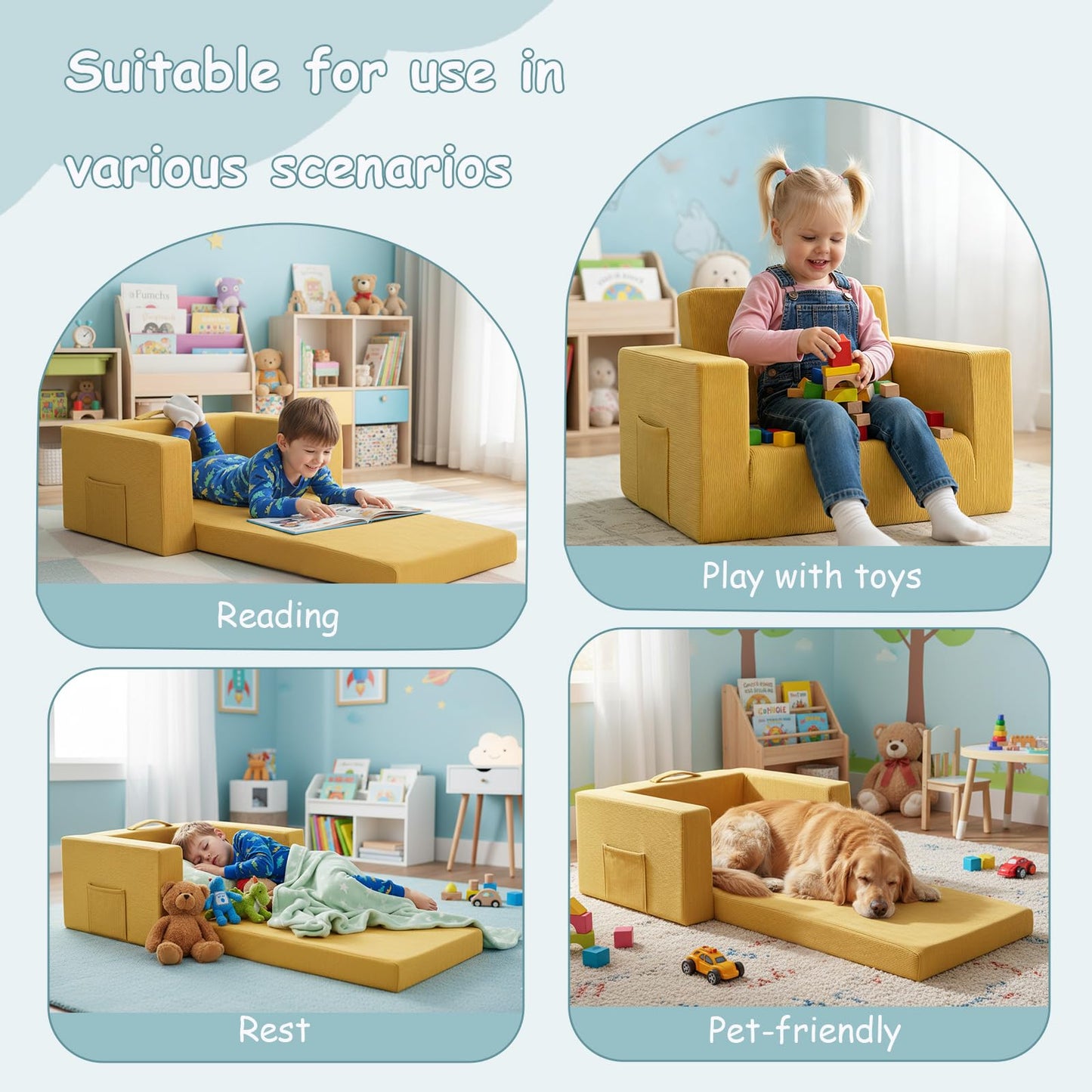 Tiita 2-in-1 Kids Sofa, Convertible Children Couch to Lounger, Flip Out Kids Chair, Toddler Armrest Chair Bed, Folding Kid Play Sofa for Girl or Boy, Corduroy Ginger Yellow