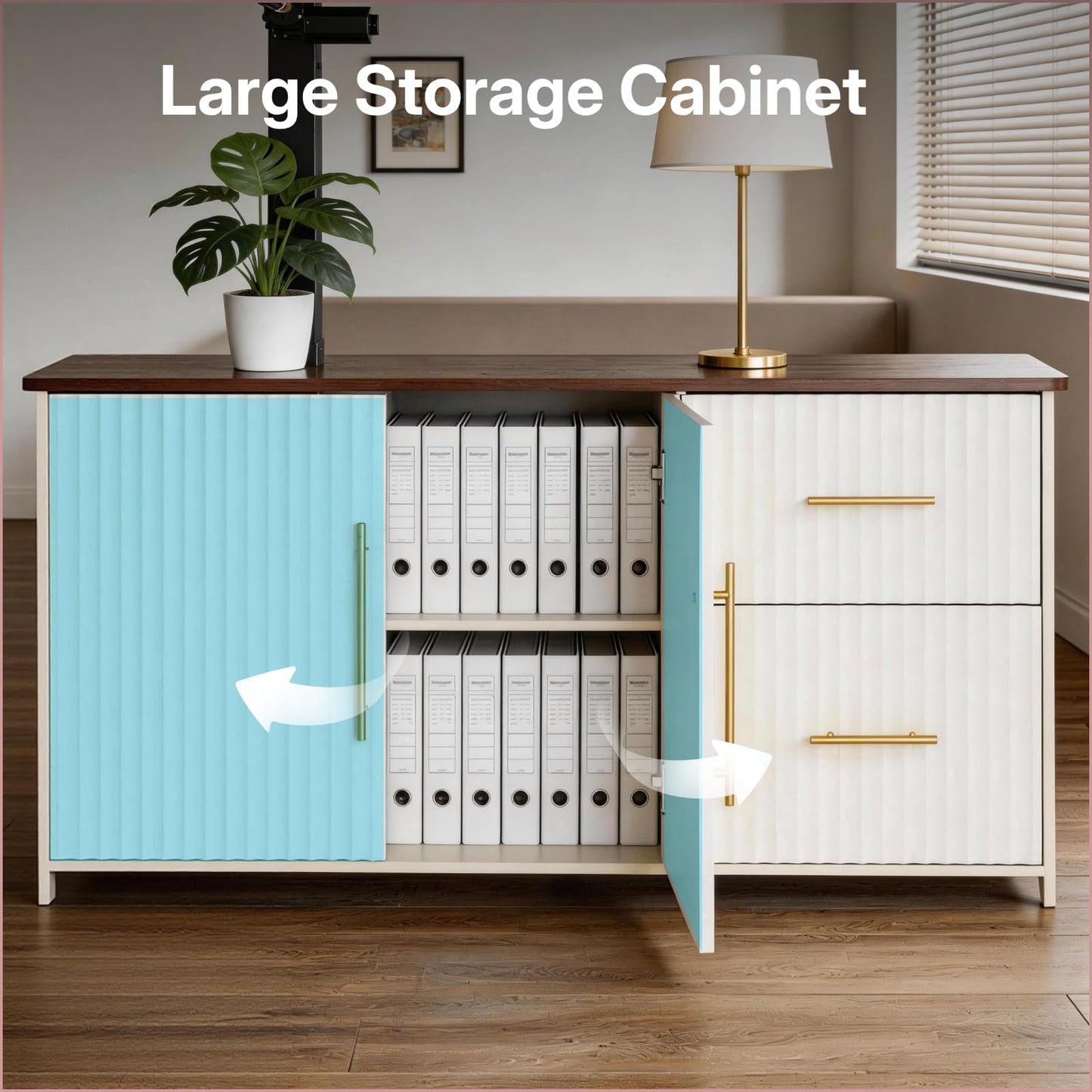 NORTHSKY 55" L Shaped Electric Standing Desk with Drawers and Storage Cabinet, Adjustable Height Corner Desk for Home Office, Brown Wood Grain and Distressed White Fluted Design