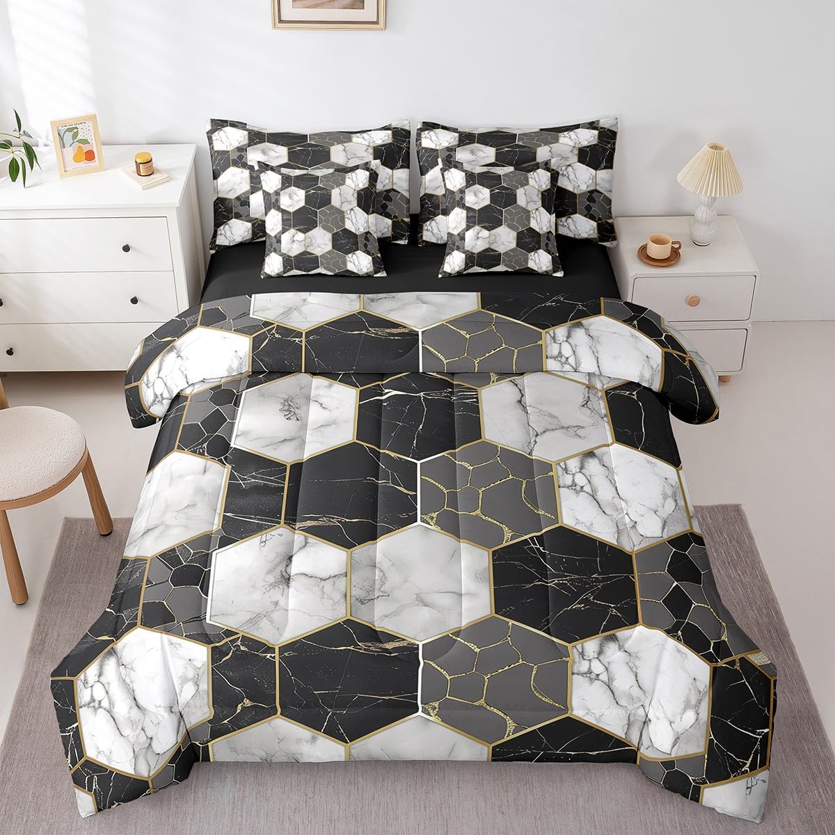 Erosebridal Black Grey Marble 7 Piece Bed in A Bag White Gray Hexagon Honeycomb Comforter Set King for Kids Boys Teen Adults Men Gold Marble Grain Bedding Set Geometric Marbling Art Bed Set