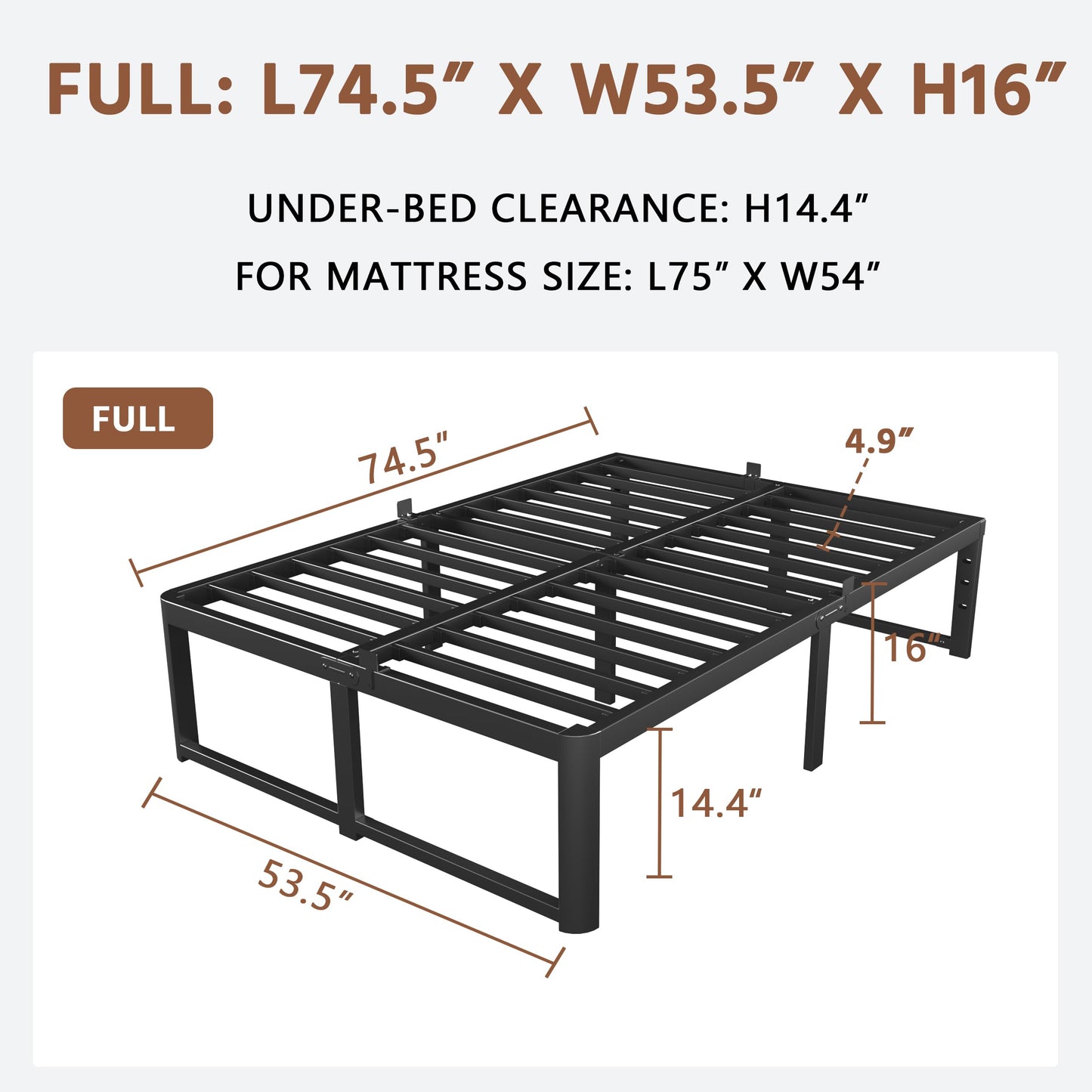 ZTH Full Size Metal Platform Bed Frame 16 in, No Box Spring Needed, Black