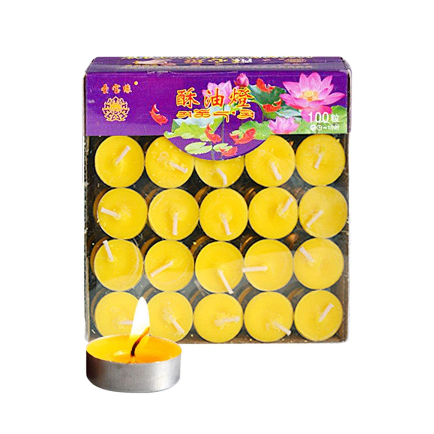 Gcljlmy 100x Smokeless Round Candles 1H Long Burning Tea Light Tibetan Buddhist Church Tealight Ghee Butter Lamp Candles for Meditation Wedding Rituals Altars (Yellow)