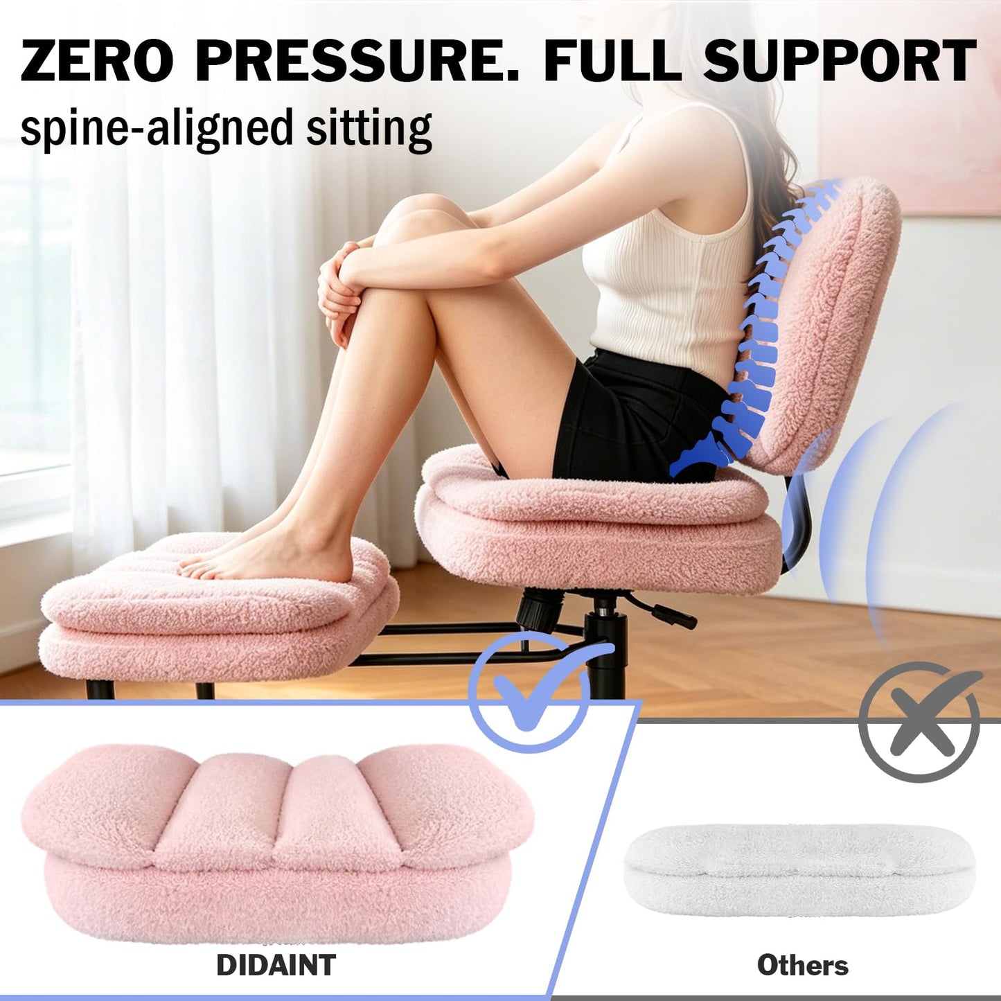 Ergonomic Cross Legged Office Chair with Footrest, 360° Swivel Height Adjustable Faux Shearling Criss Cross Chair, Wide Seat & Back Support for Home Office, ADHD, Pink