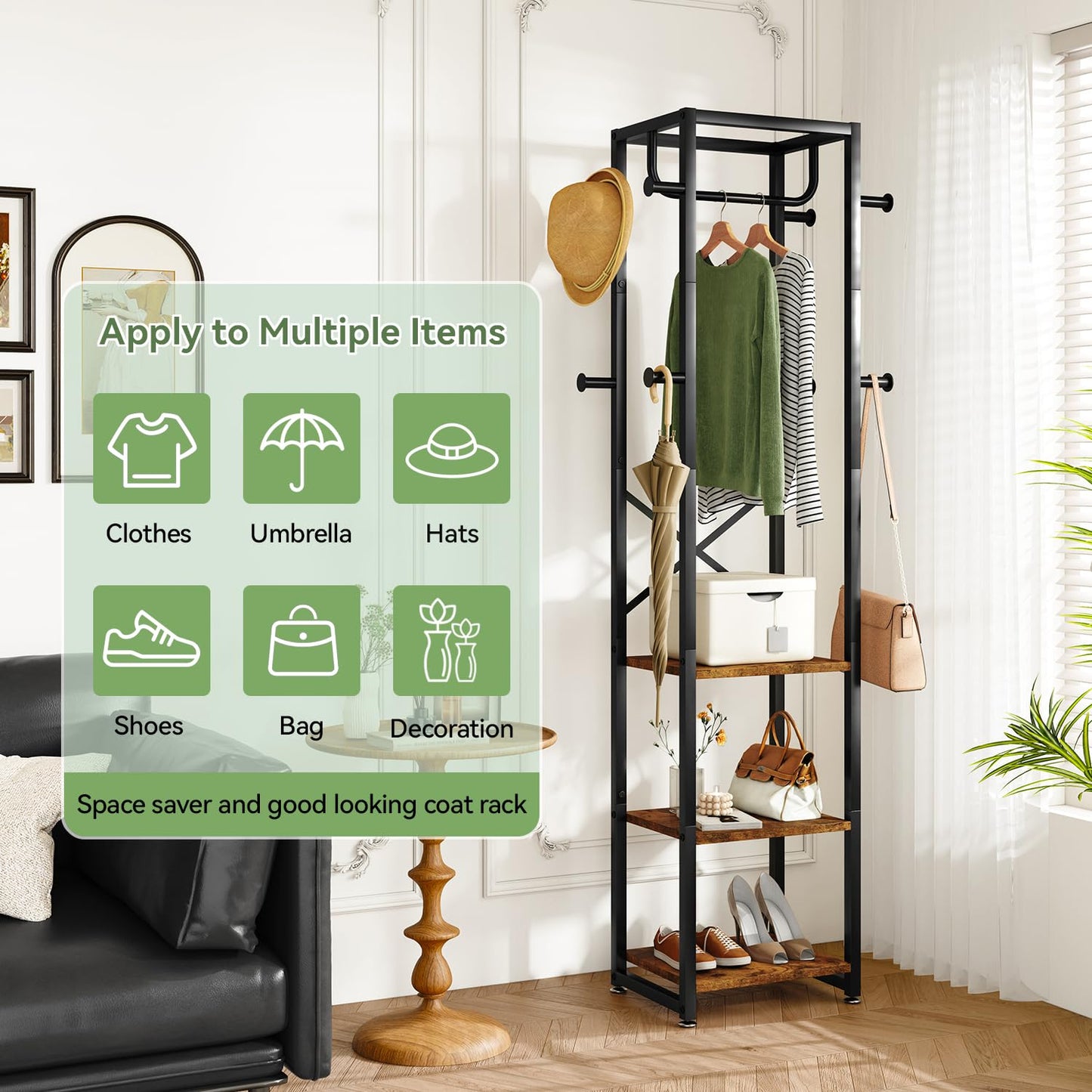 IBUYKE Coat Rack with Shelves, Freestanding Hall Tree with 3 Shelves and 8 Hooks, Industrial Clothes Stand for Entryway, Hallway, Bedroom, Rustic Brown UTMJ088H